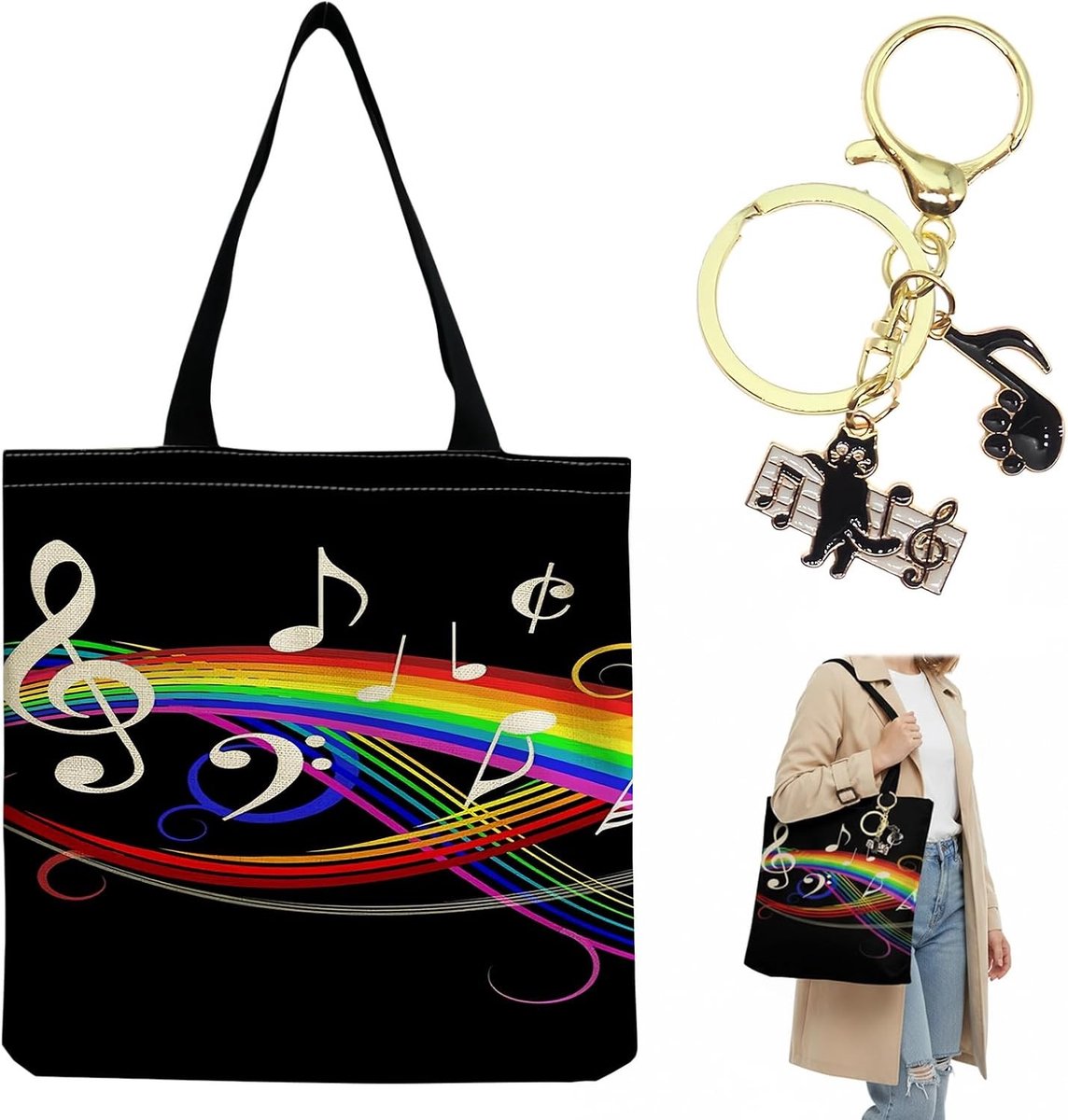 Herbruikbare stoffen boodschappentas met notenpatroon en kattenhanger, grote schoudertas voor boodschappen, school en muziek, duurzame tote bag met lange handvatten, 15x40cm