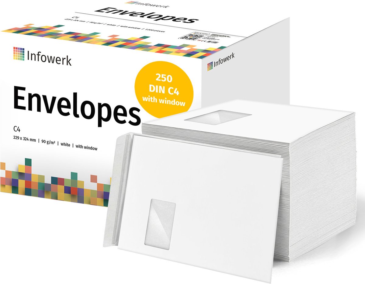 NIEUW: Infowerk Enveloppen met venster, DIN C4, onbedrukt, 250 stuks