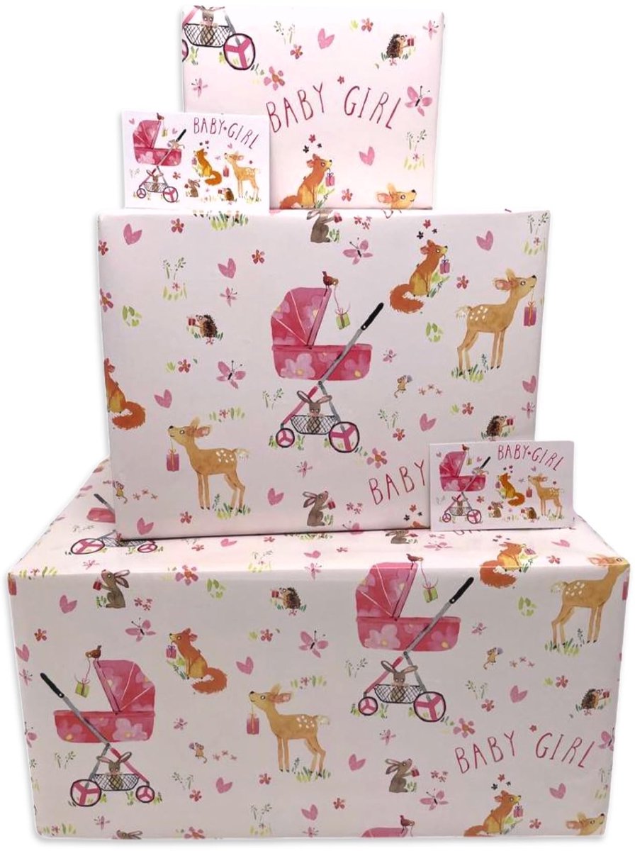 Inpakpapier voor Babymeisje - Roze Bosdieren - 4 Vellen en 4 Tags