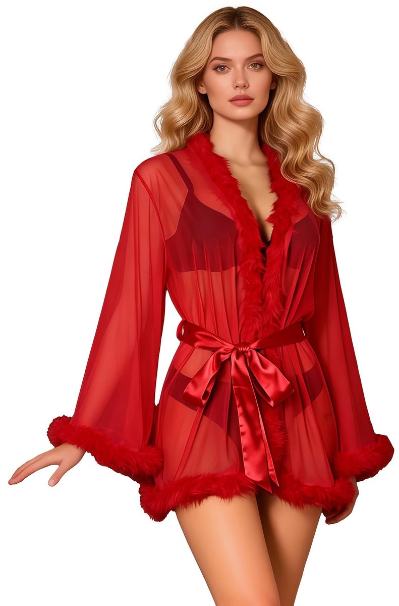 Dames kimono badjas met lange mouwen - rood