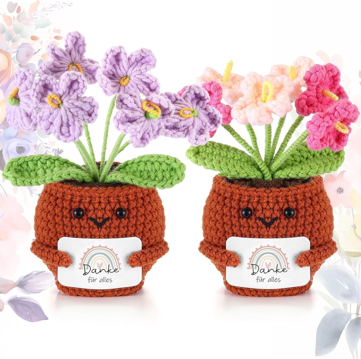 Set van 2 Gehaakte Bloempot Poppen met Bedankkaart - Handgemaakt Mini Positieve Planten Cadeau voor Verjaardag, Afstuderen en Afscheid