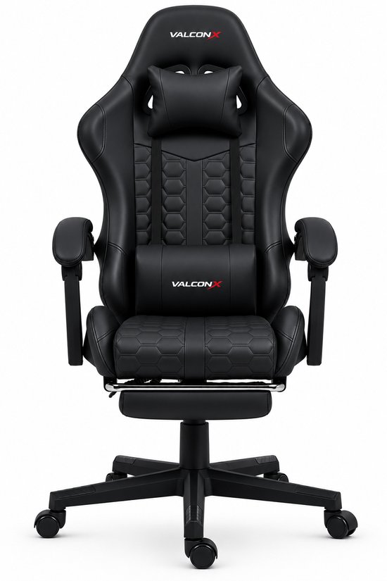 Zwarte VALCONX gamingstoel met hoge rugleuning, hoofdsteun, lendenkussen en zeshoekig gestikt zitvlak.