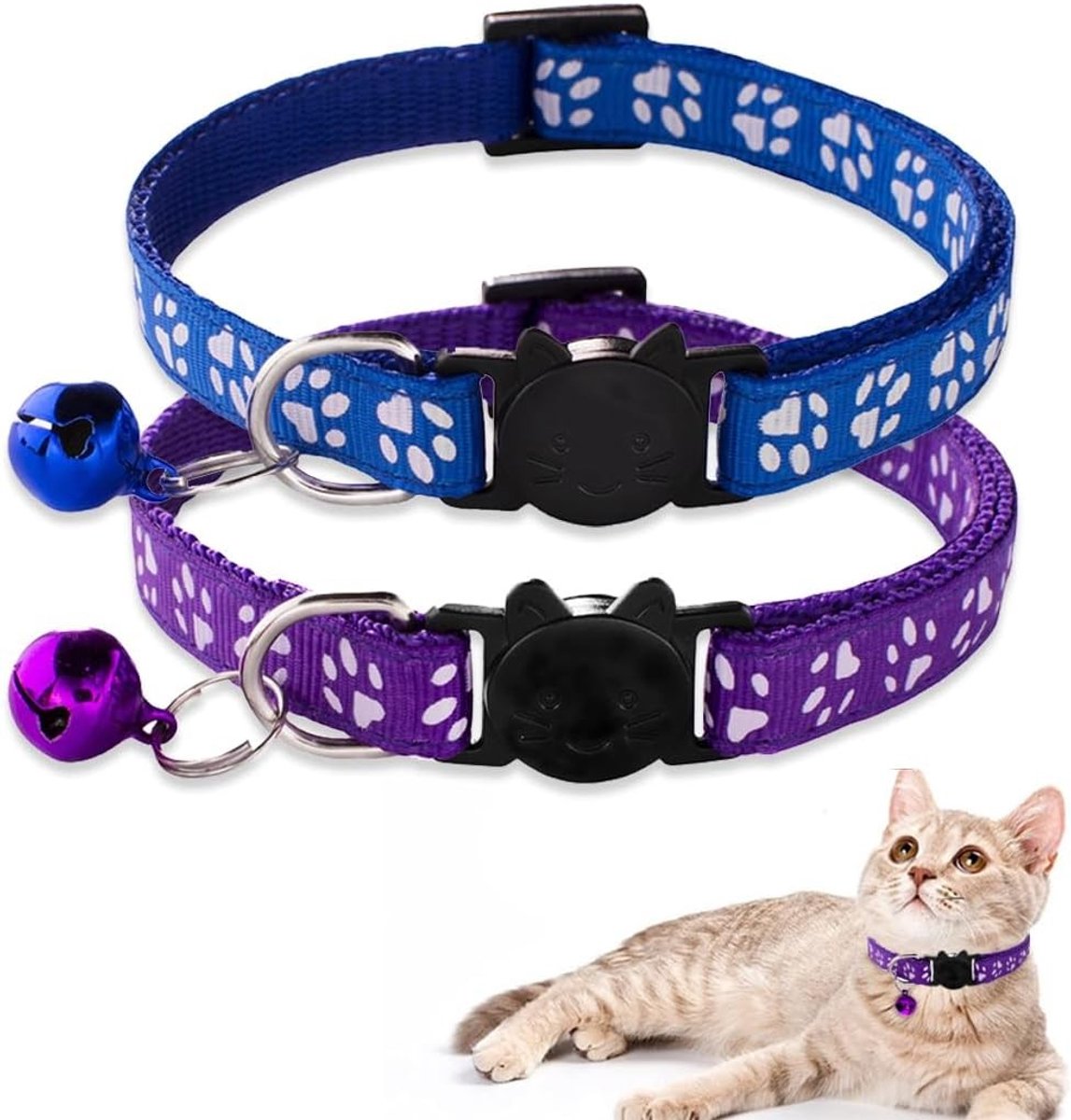 Verstelbare 2-delige kattenhalsband met veiligheidssluiting en bel, nylon huisdieraccessoires in blauw en paars, veilig en comfortabel voor uw kat