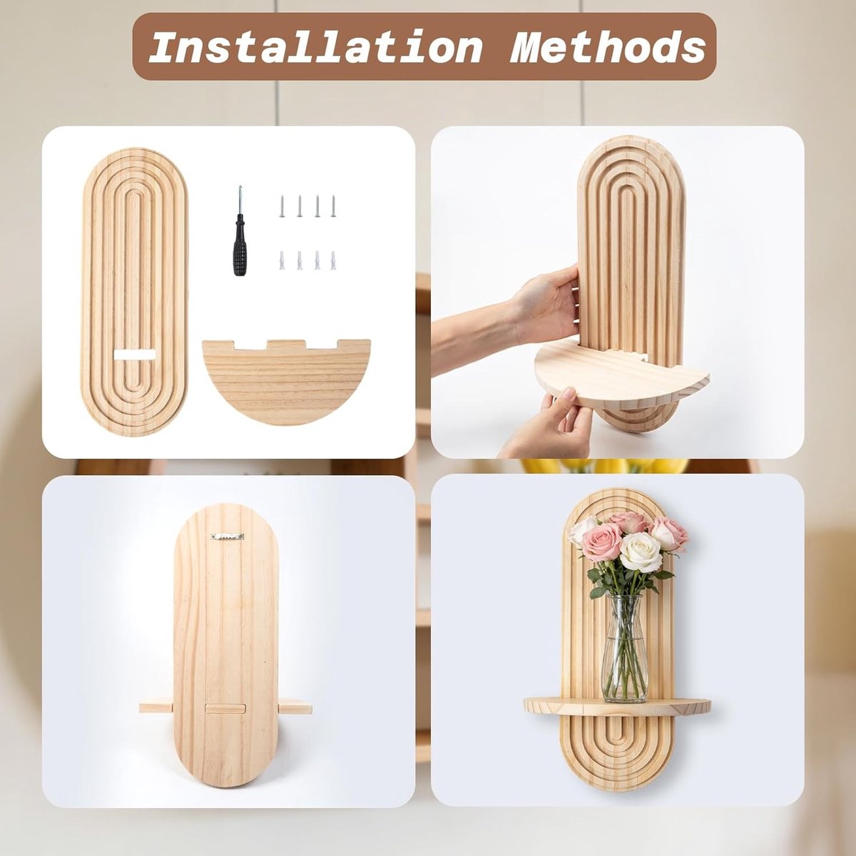 Houten Wandplanken voor Decoratie - Elliptische Vorm, Natuurlijke Houtkleur, Ruimtebesparend en Stijlvol