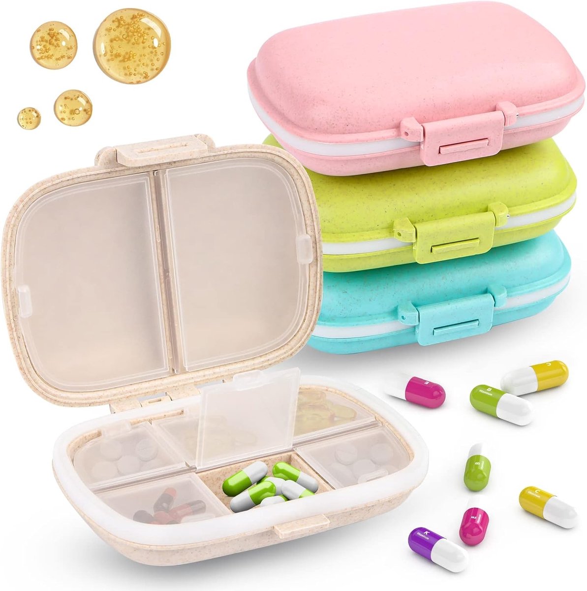 Pillen Organizer 4 Stuks Tablet Box met 6 Compartimenten voor Dagelijkse Medicatie, Draagbare en Afneembare Pillendoos voor Vitaminen en Supplementen