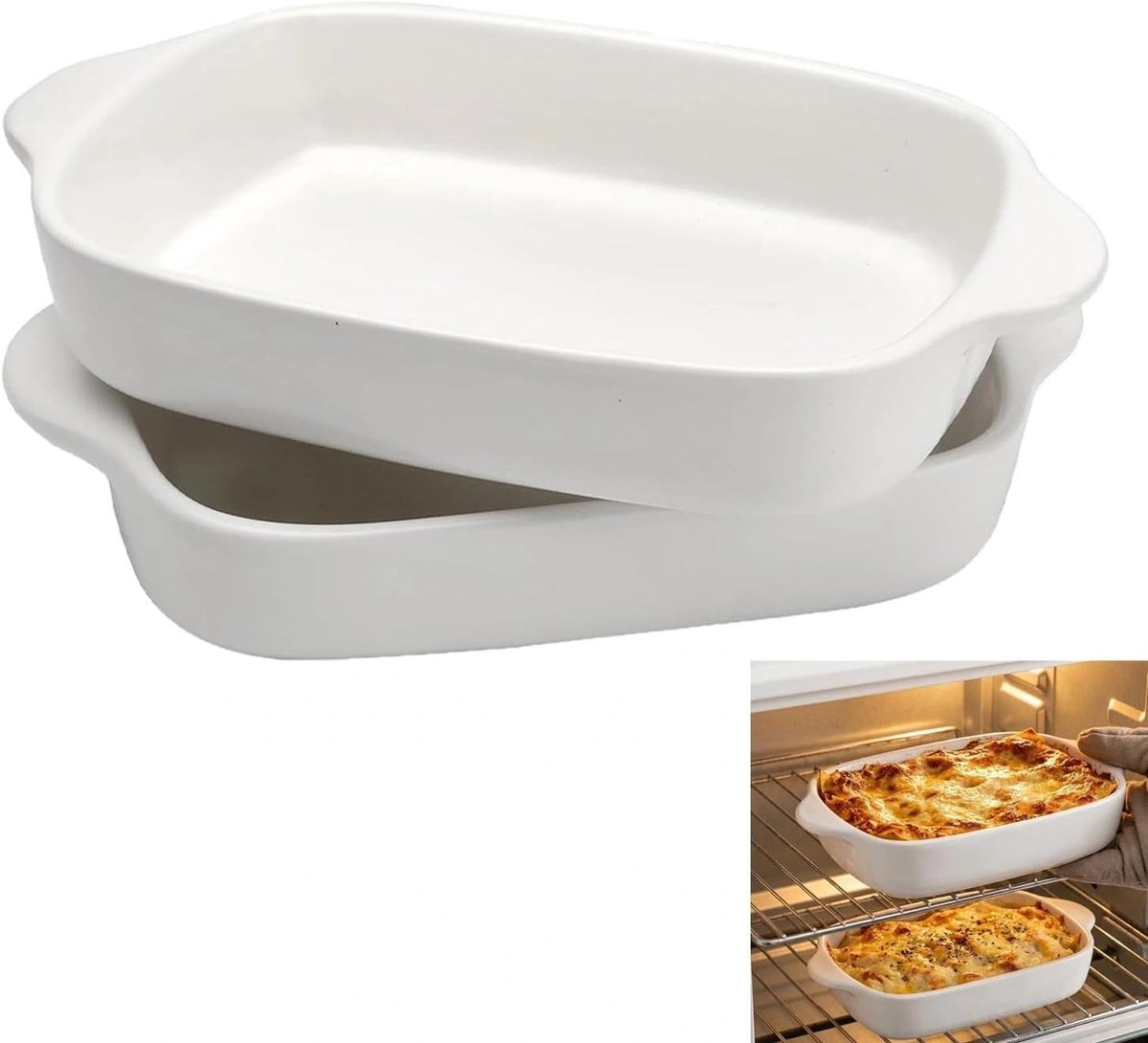 Set van 2 Rechthoekige Keramische Ovenschalen met Handvatten, Krasbestendig en Geschikt voor Lasagne, Gratin en Tiramisu, Vaatwasserbestendig en Hittebestendig