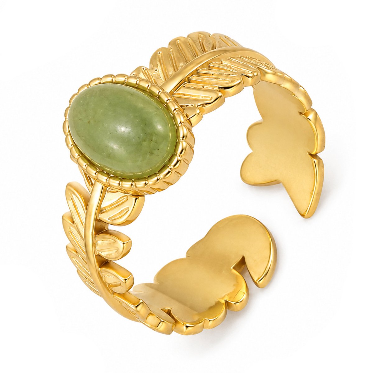 Deja Jewels - Dames ring - Goudkleurig - Groene Steen en Bladmotief