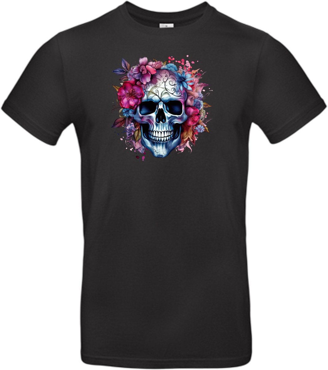 T-shirt zwart met opdruk van kleurige bloemen en schedel maat M van Shirtmakelaar