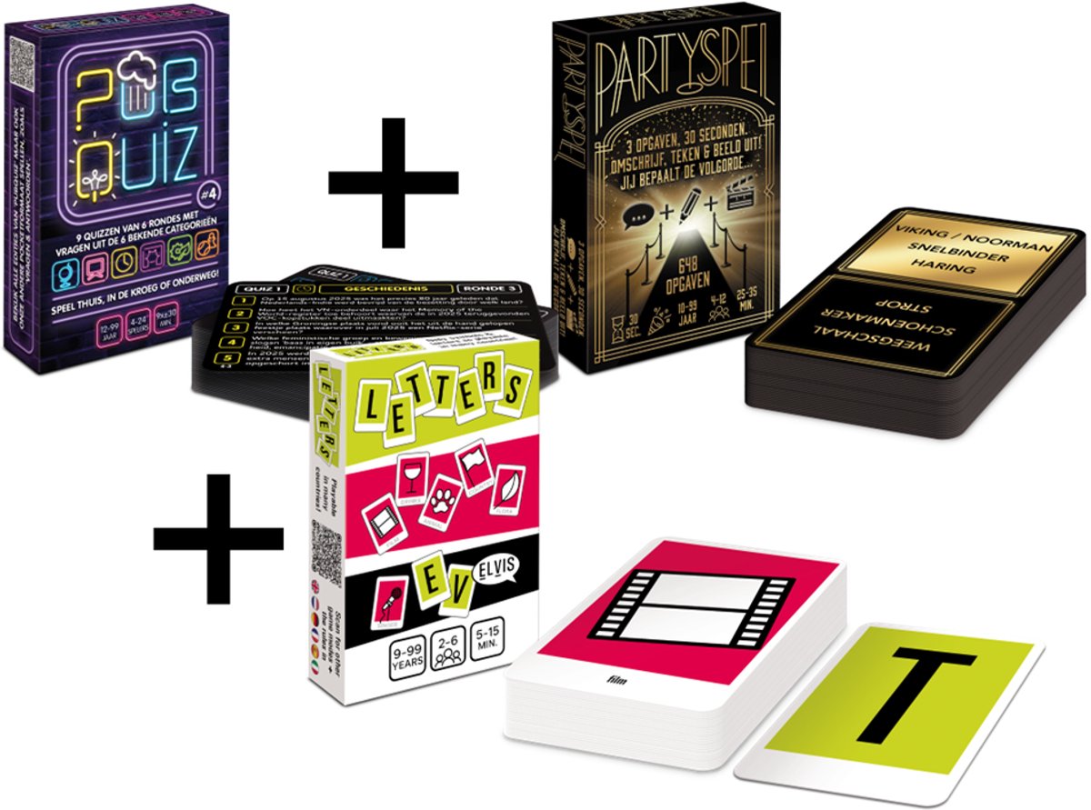 QUIZMIX - COMBI-DEAL: Pubquiz #4 (over 2025) - quizpuzzels - pocketformaat Vragenspel - Kaartspel - Quizspel / Partyspel + Vragen & Antwoorden #20 (2025 editie) - Aanvulset / Uitbreiding + Letters - snel woordspel / associatiespel (NL+UK+DE+FR+IT+ES)