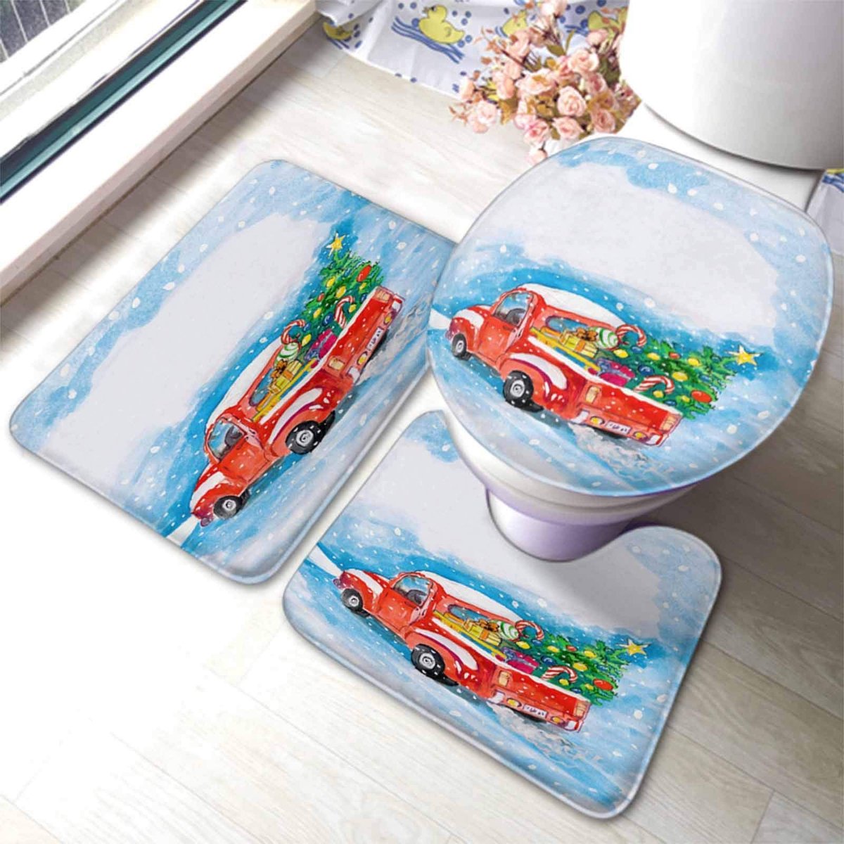 3-delige Badmatset - Antislip met kerstboom en auto - Voor binnen en buiten