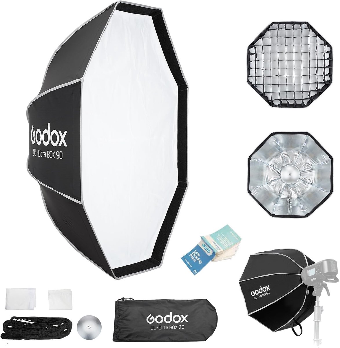 Octagon Softbox 90 cm met Snelle Montage en Grid - Zwart