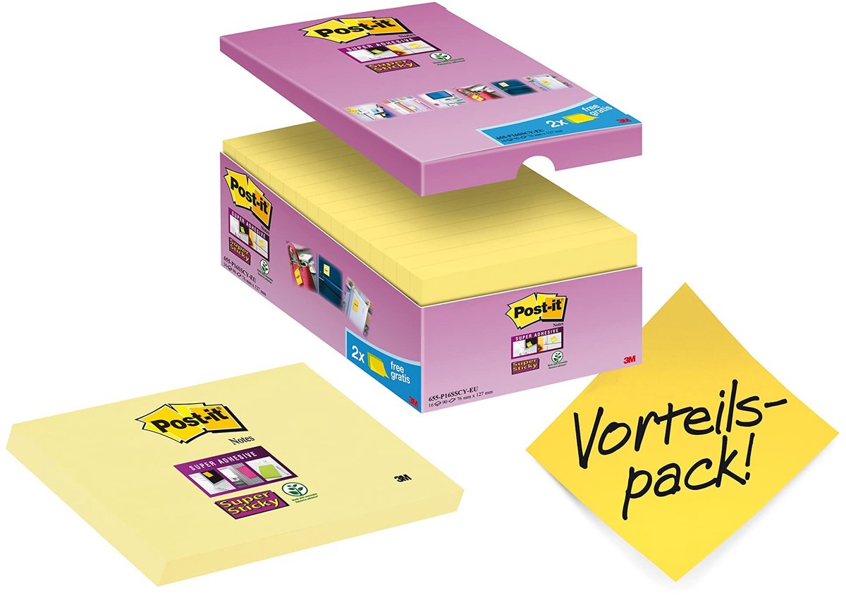 Super Sticky Notities - Geel - 14 Blokken + 2 Gratis