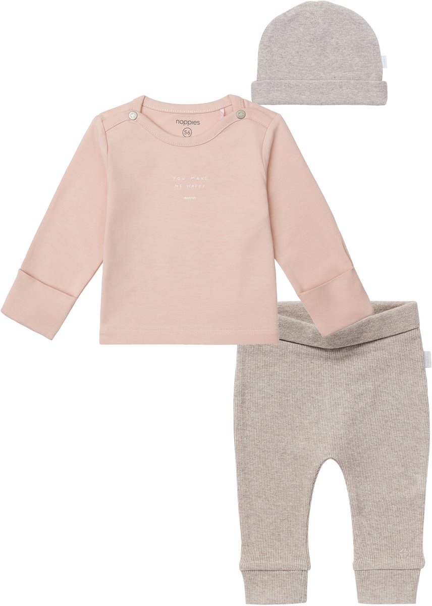 Noppies kledingset - 3delig - Broek Naura taupe - Shirt Neisse Rose Smoke - Muts Nevel taupe - Maat 56
