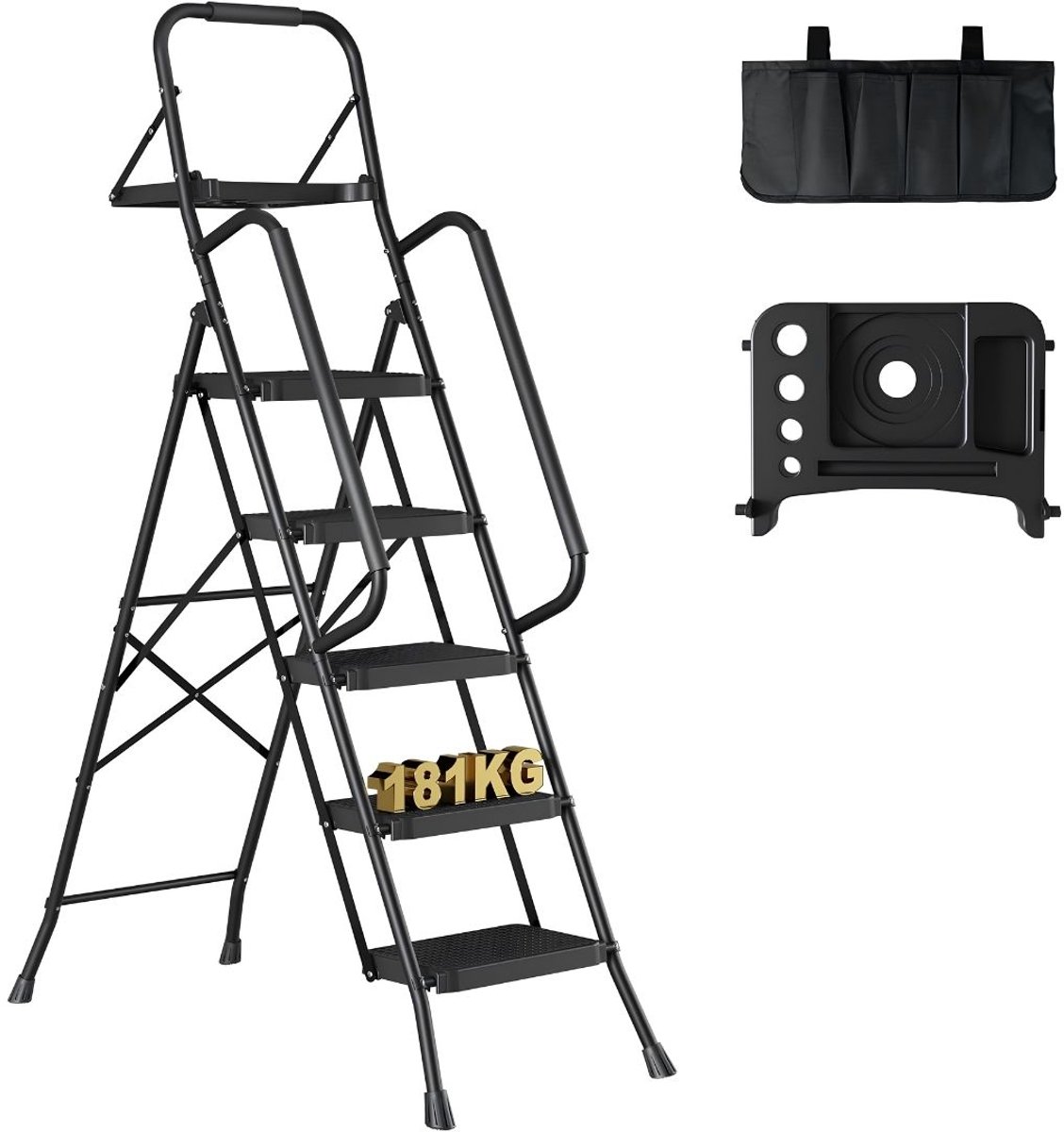 TYR® Huishoudtrap 5 Treden - Huishoudtrap - Ladder - Zwart - 109cm x 52cm x 174cm