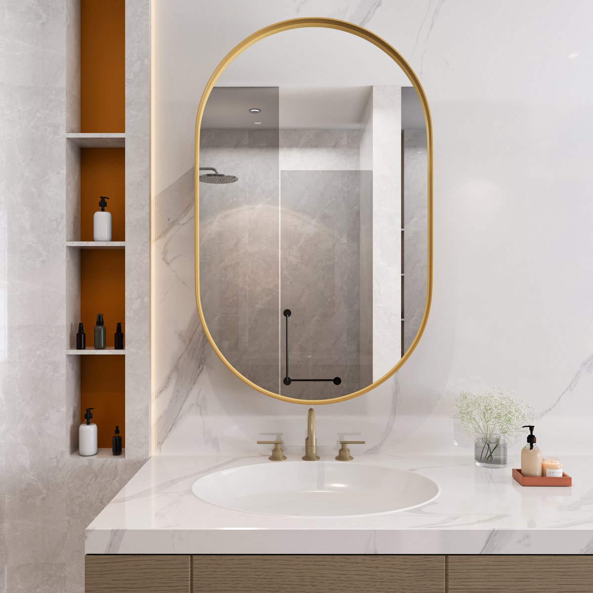 Ovale inbouwspiegelkast - opbergruimte - verstelbare planken - metalen frame - gouden afwerking - voor badkamer, woonkamer en slaapkamer