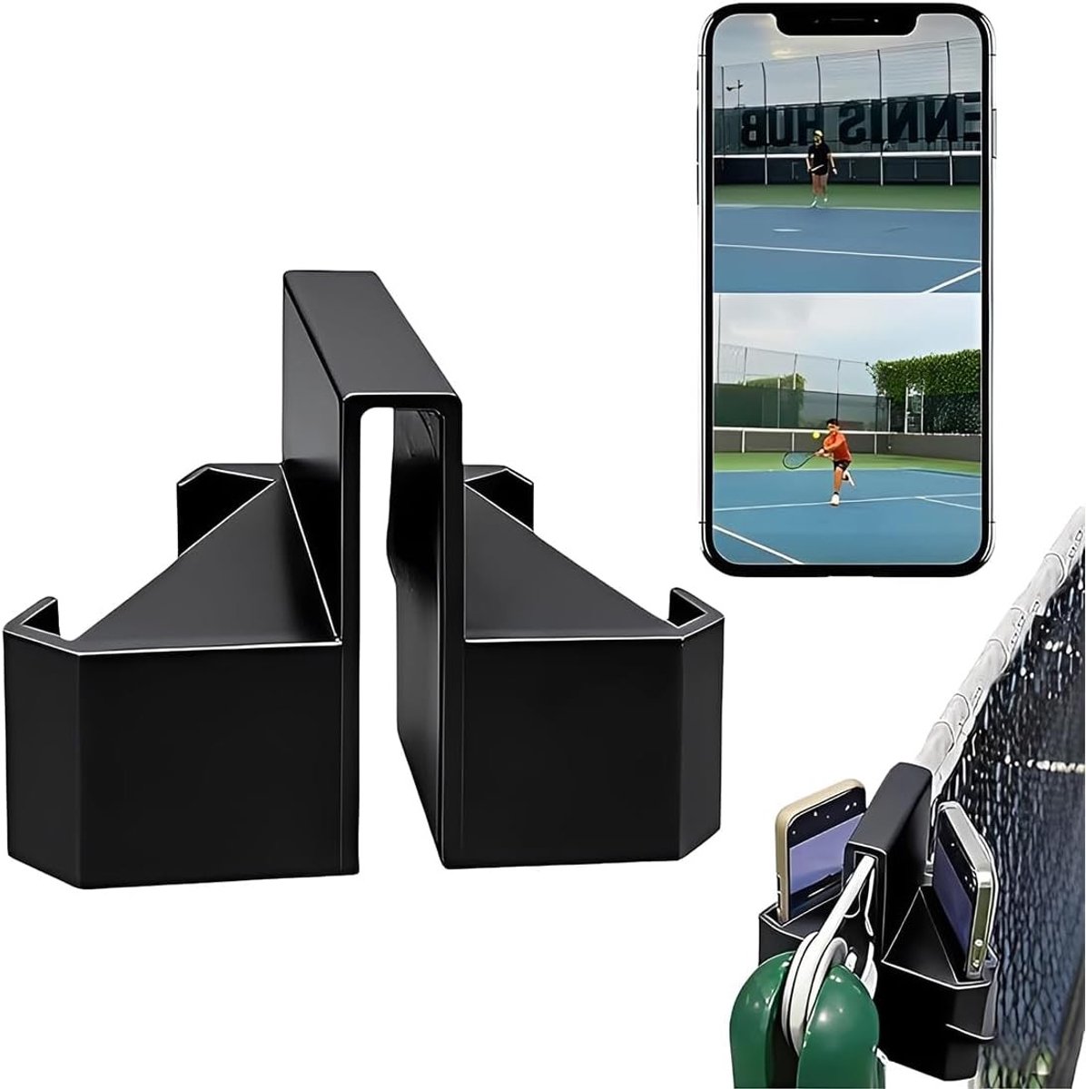 Tennisnet telefoonclip voor 3D-camera, dubbelzijdige houder voor wedstrijdanalyse, praktisch en compact, 17 × 11 × 12,9 cm, ideaal voor sportanalyse en training.