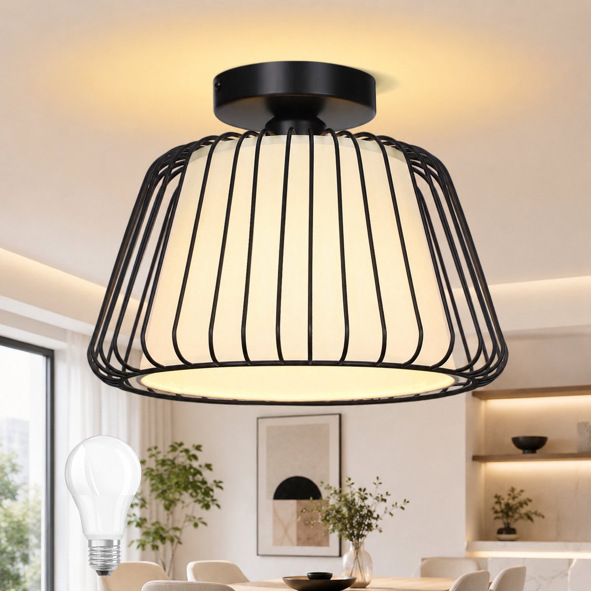 Lapamax Moderne Plafondlamp met Witte Stoffen Lampenkap - Industriële Plafonnière Zwart Ø30 cm - E27 - Inclusief 9W LED Lamp met 3 Lichtkleuren - Geheugenfunctie - Plafondverlichting voor Woonkamer, Slaapkamer, Hal en Kinderkamer