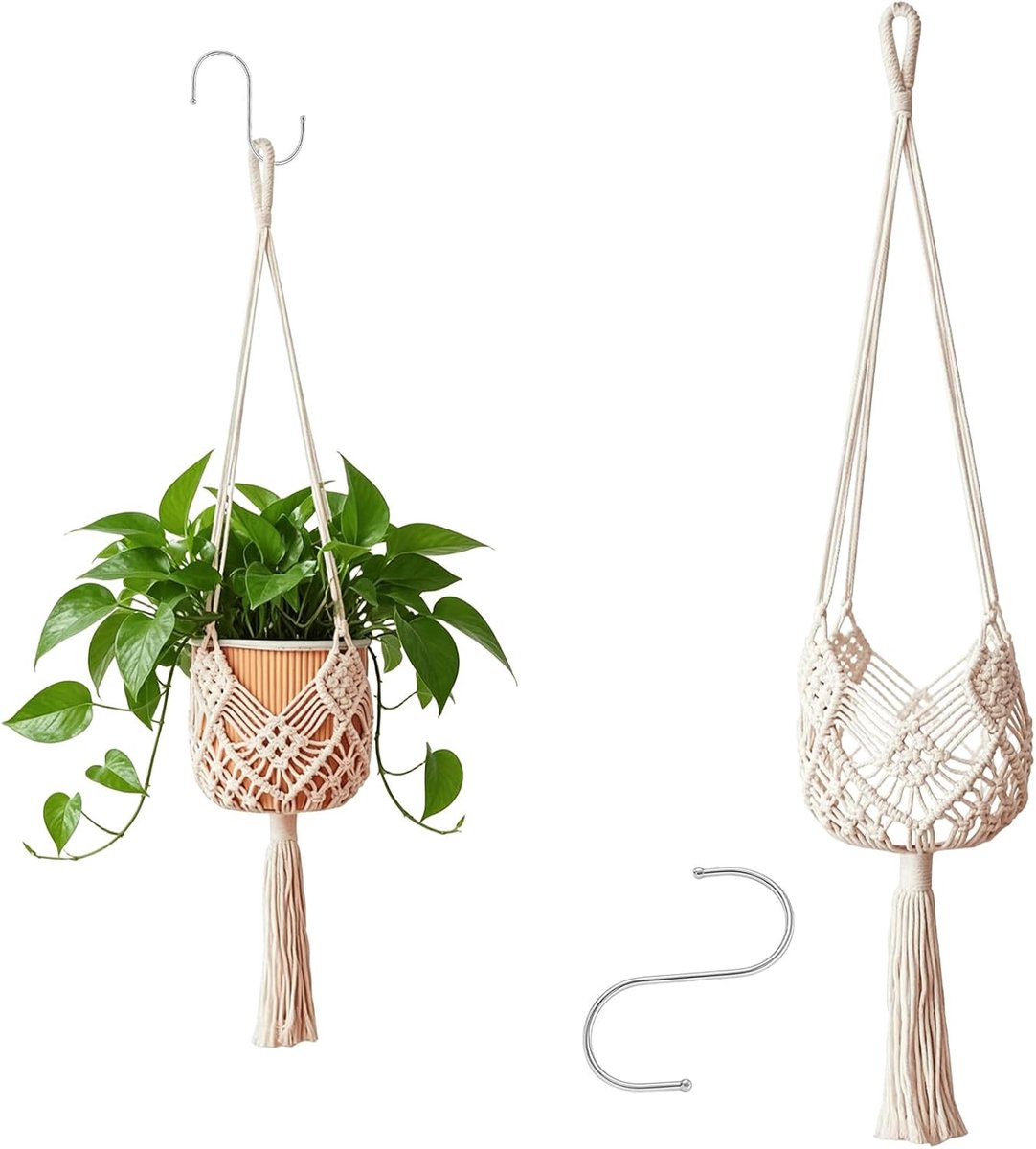 KZQ Handgeweven macramé plantenhanger van katoen, 2 stuks, hangende mand voor binnen, boho-stijl, stevig en ruimtebesparend