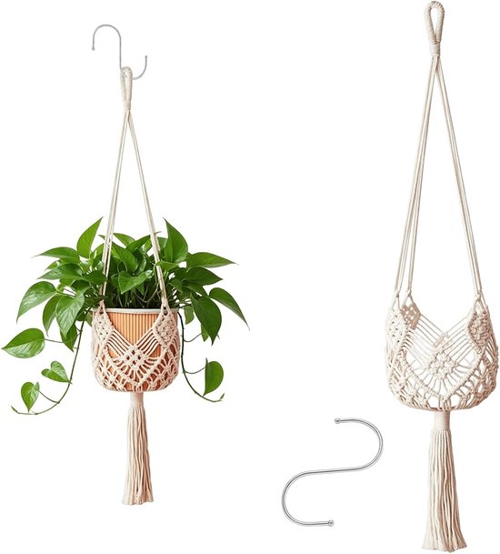 KZQ Handgeweven macramé plantenhanger van katoen, 2 stuks, hangende mand voor binnen, boho-stijl, stevig en ruimtebesparend