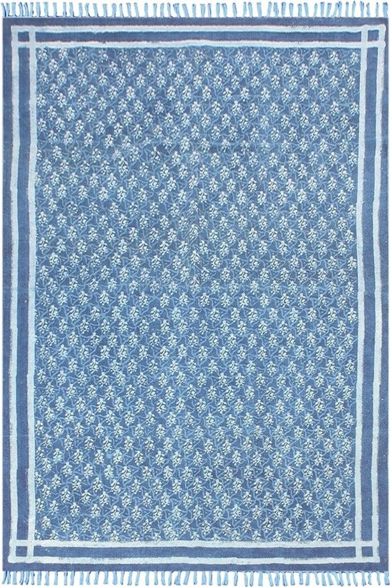 Katoenen Vloerkleed - Geweven Tapijt - Woonkamer Decoratie - Hand Blok Bedrukt - 210 x 210 cm - Indigoblauw