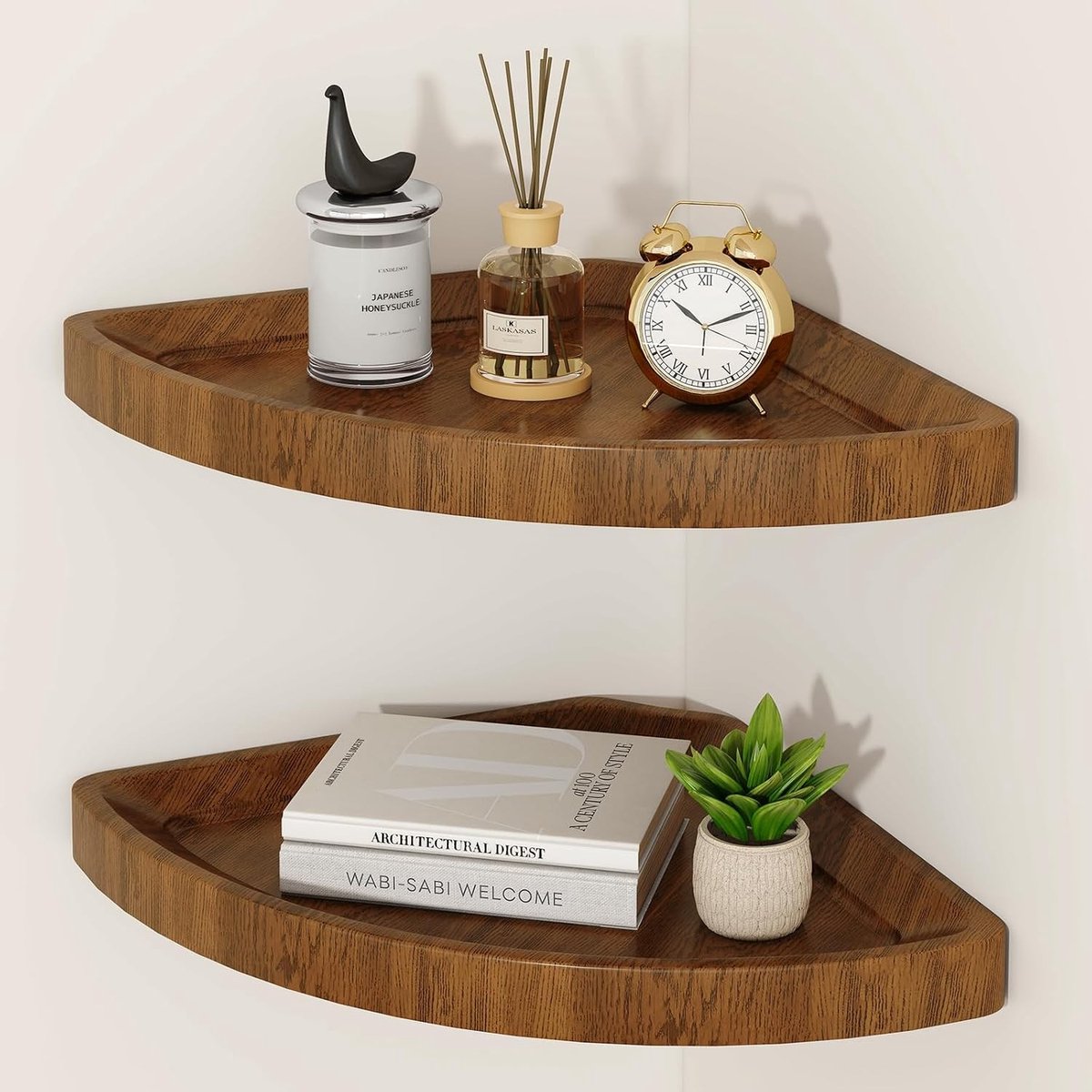 Hoekrek Houten Set van 2 Retro Wandplanken voor Keuken, Slaapkamer en Woonkamer - Landelijke Stijl Drijvende Planken in Retro Bruin