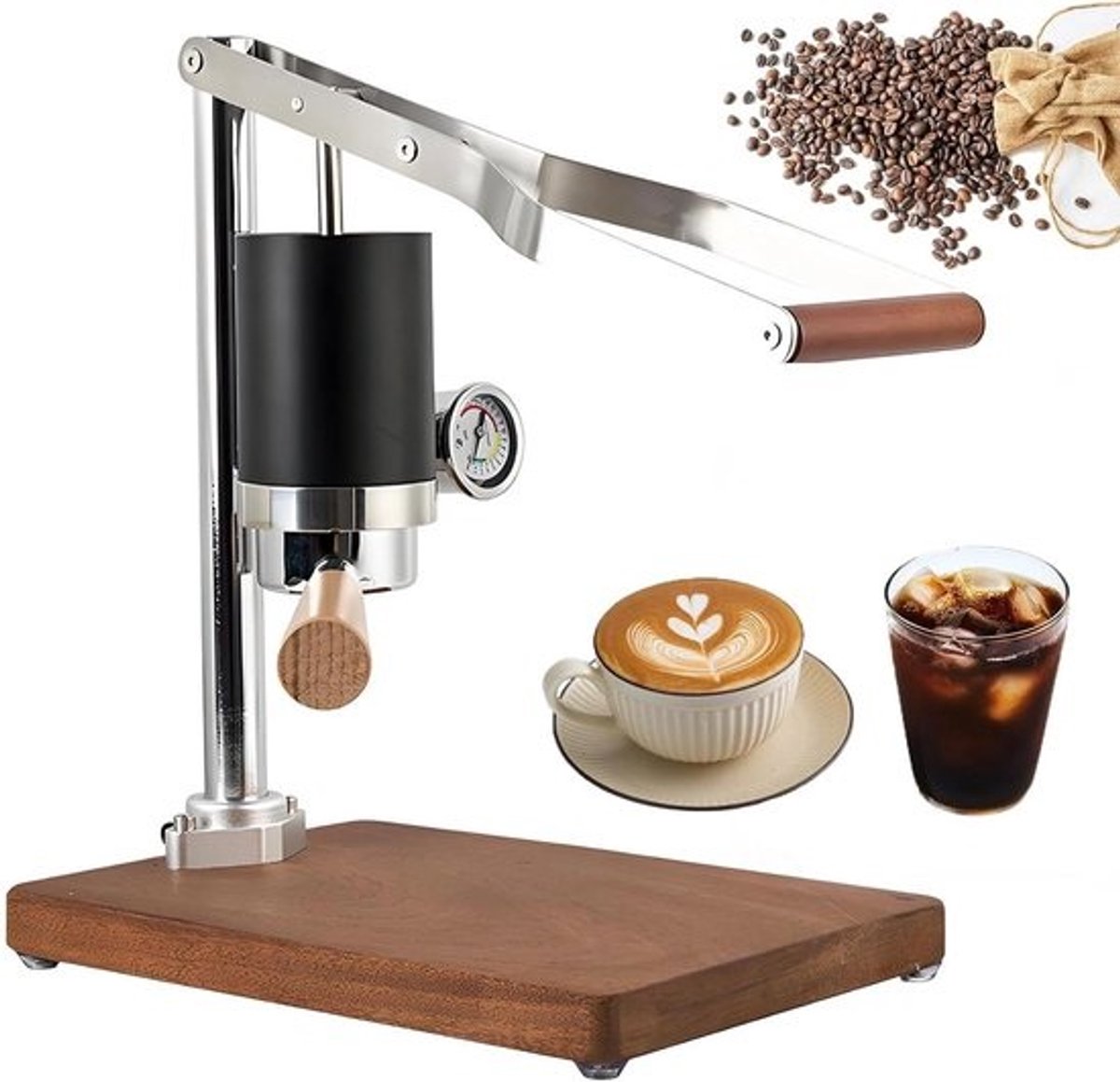 Handmatige Espressomachine - Koffiezetapparaat Handpers - Authentieke Espresso Zetten - Met Drukregeling Hendel - 40x24x18 cm - Zilverkleurig