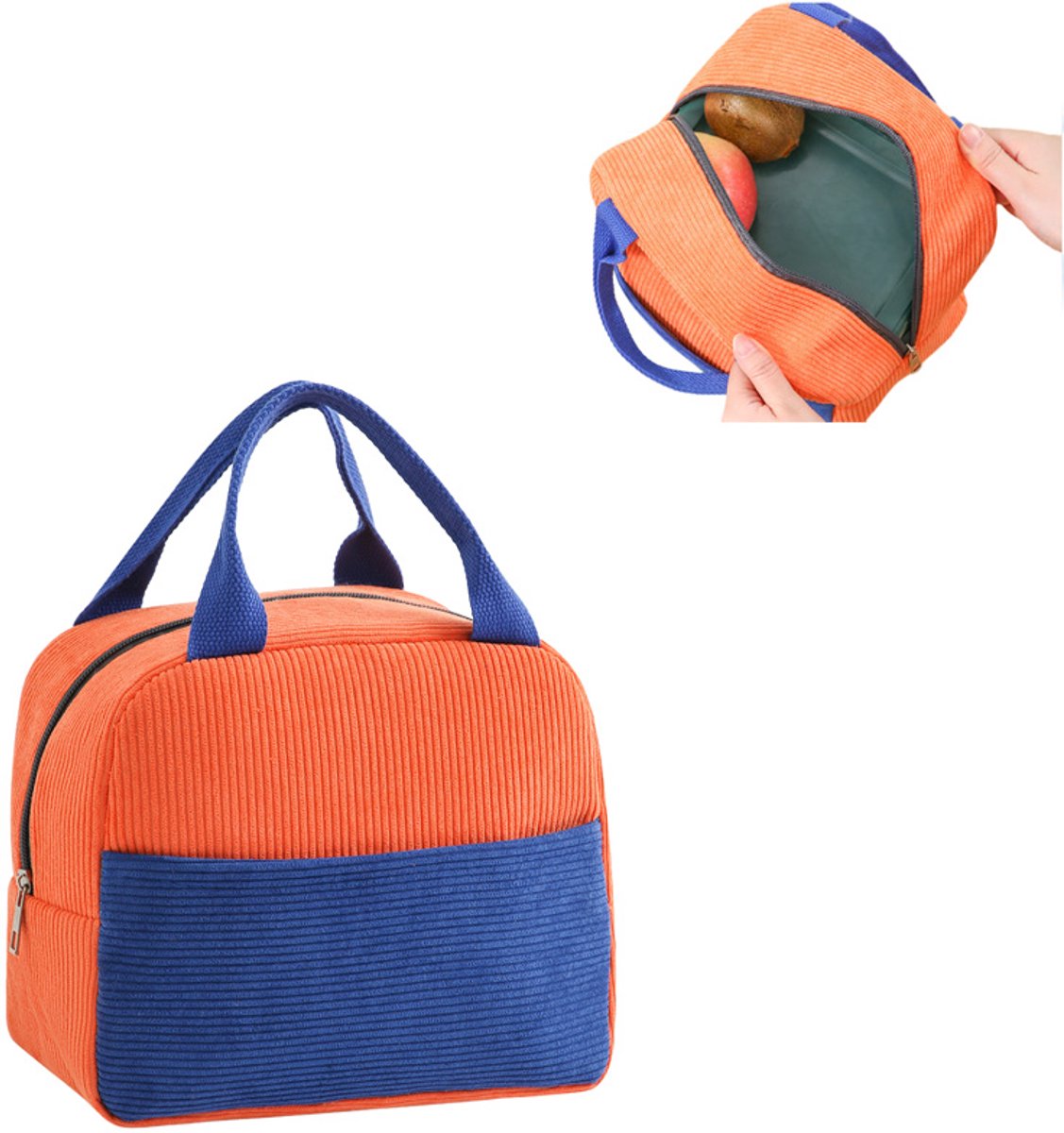 lunchtas-lunchtas koeltas- Draagbare Koeltas- Geïsoleerde Lunch Tas-lunchtas kinderen -lunchtas volwassenen- Geïsoleerde tas -Thermal Bag - Kleine Lunchkoeler- Unisex- Corduroy- Voor Picknicks, Kamperen, Werk, Het Dagelijks Leven-Oranjeblauw
