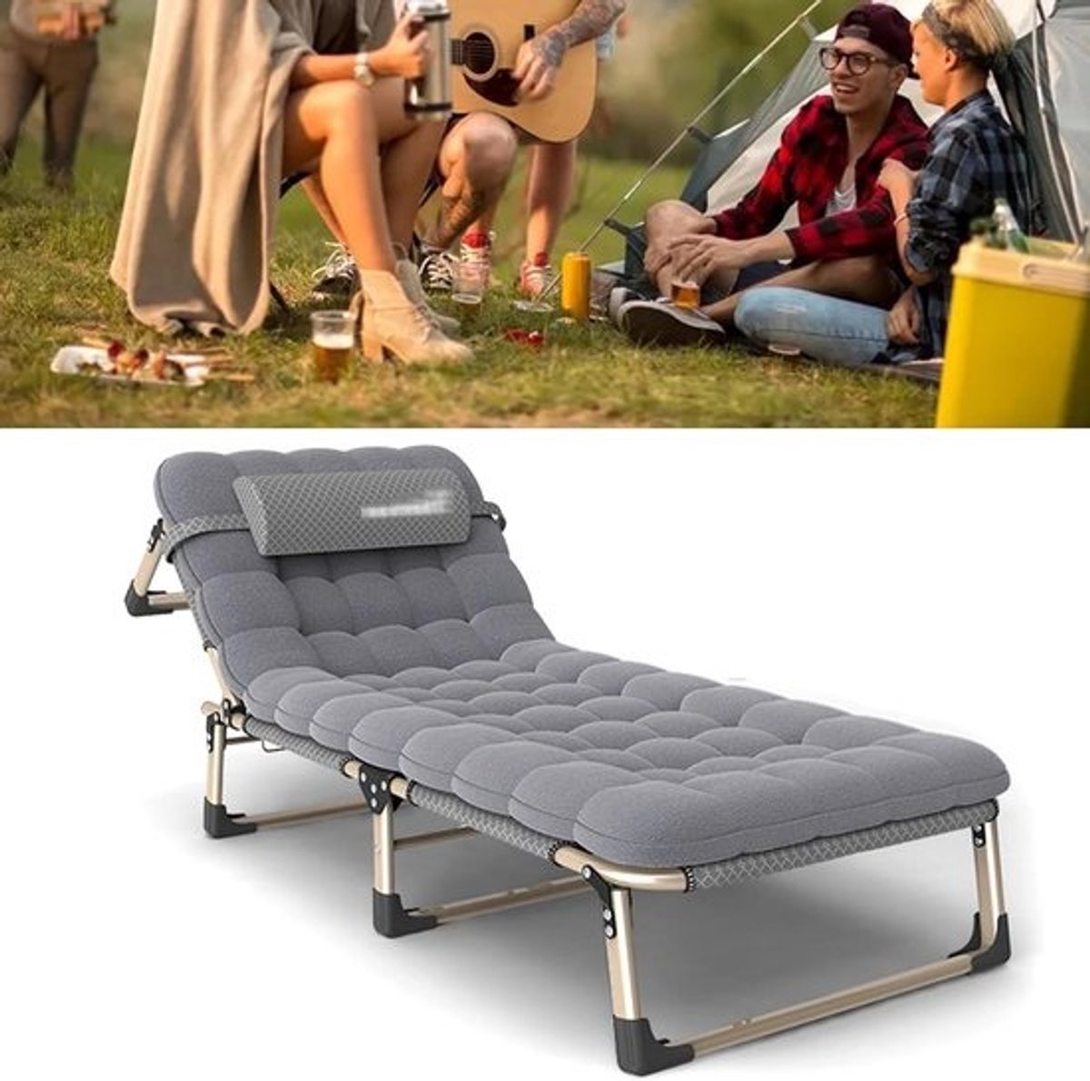 Opvouwbaar Campingbed - Klapbed Gastenbed - Ontspannen Buiten - Verstelbare Rugleuning - 193 x 68 cm - Grijs