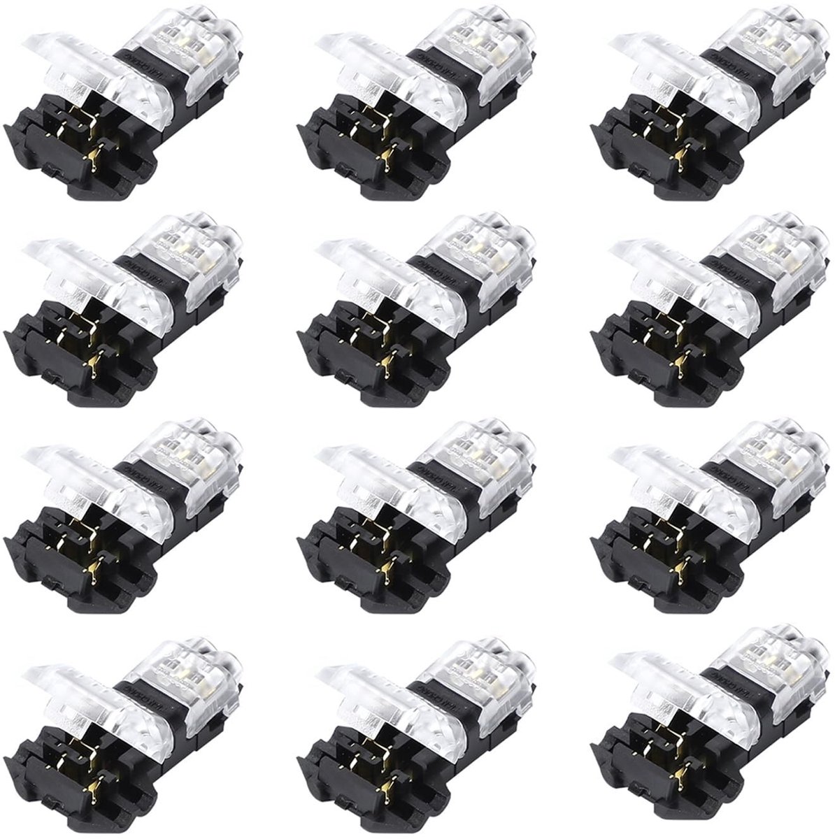 Set van 12 T-connectoren, 2-pins T-tap, waterdichte kabelverbinding, snelkoppeling voor LED-verlichting, kabelclips en 3-weg splitsing