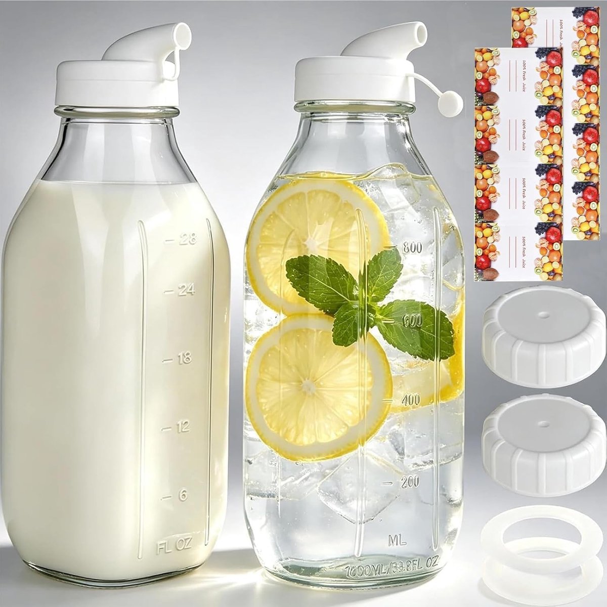 Set van 2 Glazen Flessen van 1 Liter met Deksel en Stickers voor Melk, Sap en Smoothies