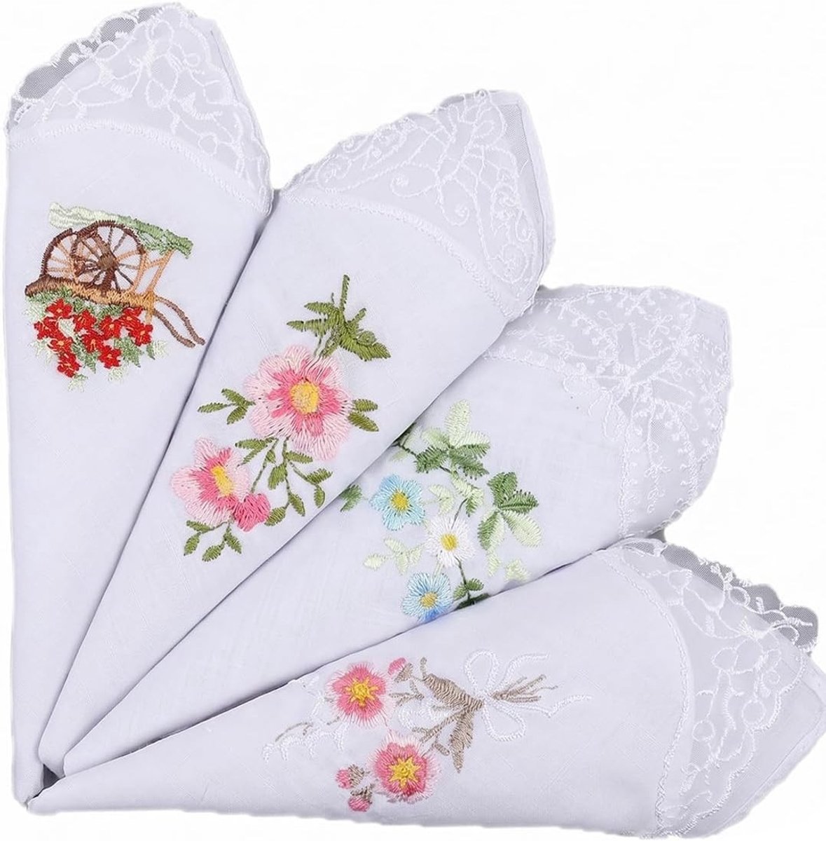 Elegante witte zakdoeken voor vrouwen, set van 4, zacht en perfect voor bruiloften, doopfeesten en speciale gelegenheden.