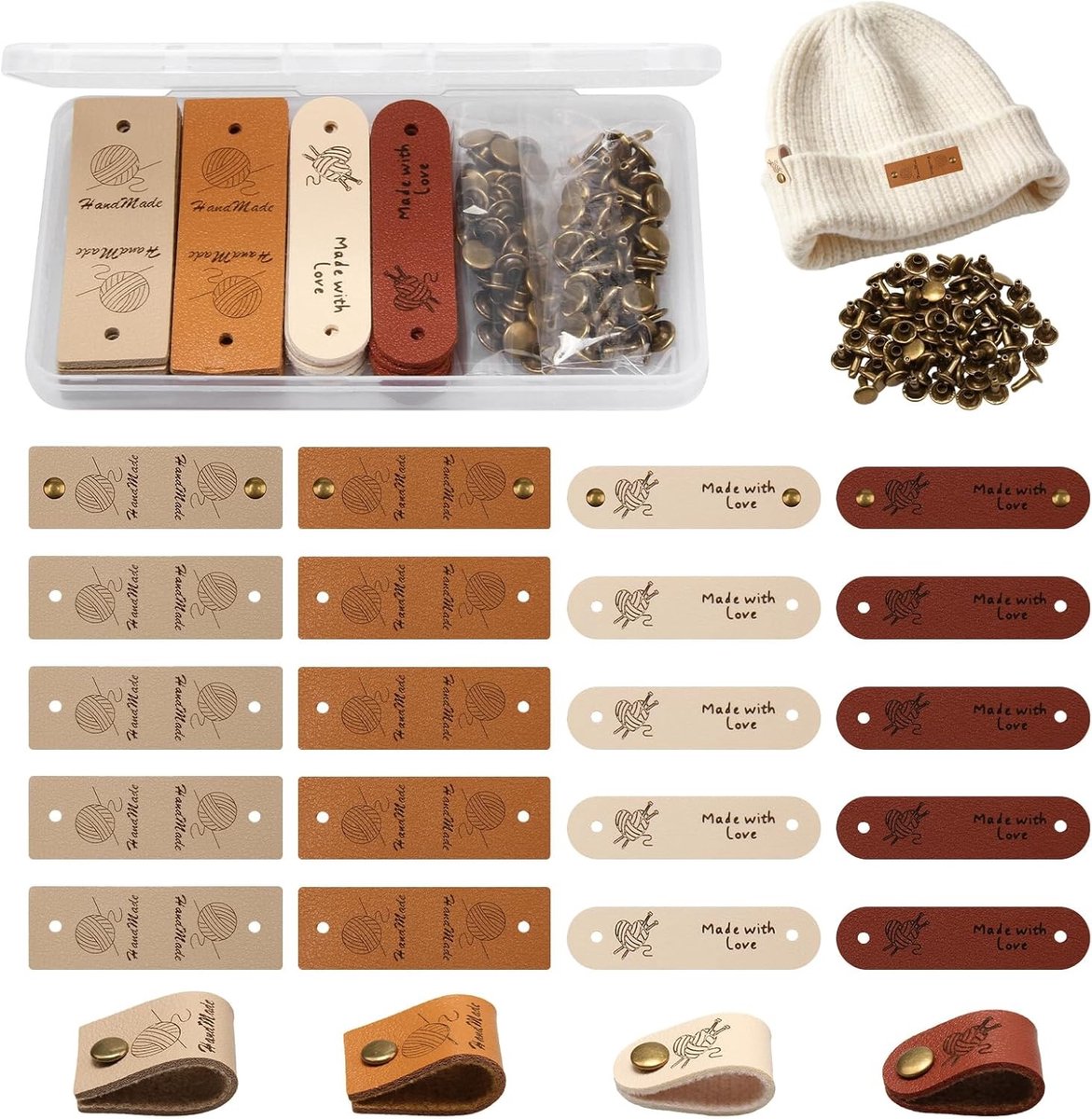 Set van 20 Handgemaakte Labels met Nieten, Persoonlijke Labels voor Haaknaalden, Kleurrijke DIY Labels voor Tassen en Hoeden, Perfect voor Creatieve Projecten