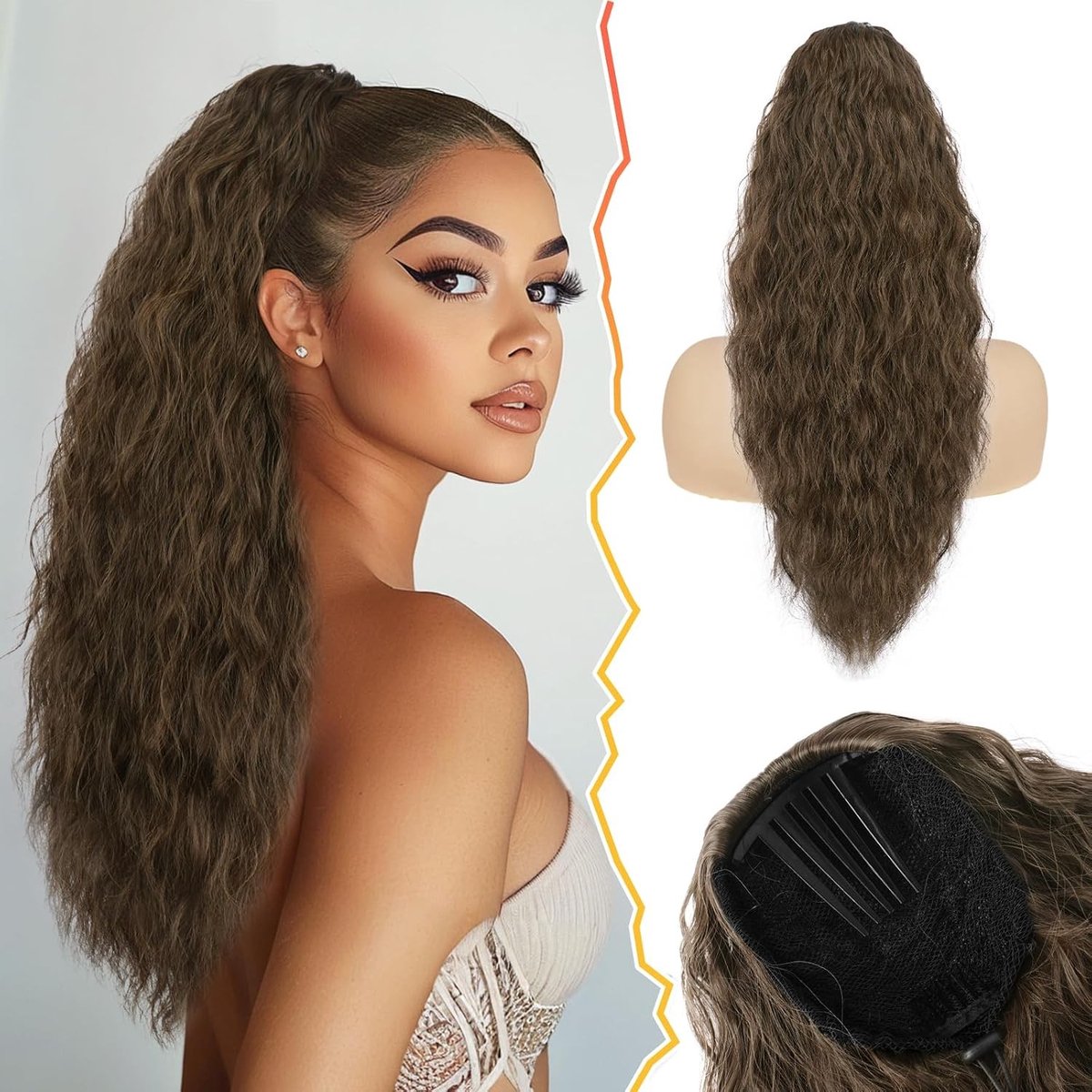 Medium Brown Ponytail Extensions 22" - Wavy Curly Synthetic Clip-in Haarstuk voor Dikke Bohemian Staart voor Vrouwen