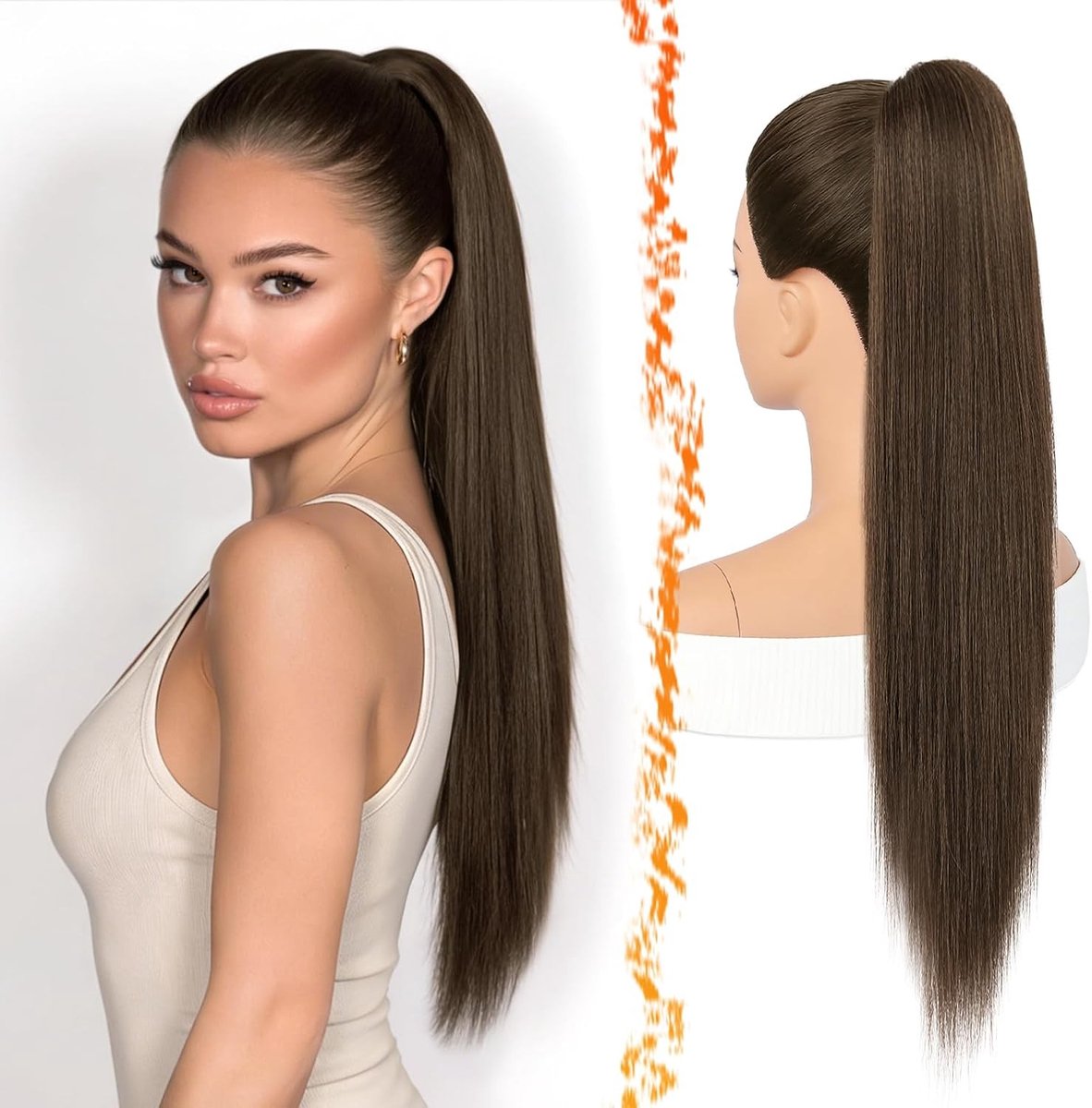 Natuurlijke Lange Bruine Ponytail Extensions van 55 cm - Stevige en Rechte Haarstuk voor Cheerleading en Dagelijks Gebruik