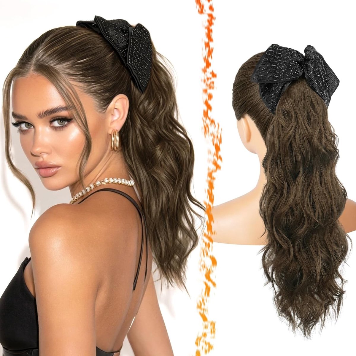 Ponytail Extensions met Klem, 45cm Golvende Haarstuk voor Vrouwen, Natuurlijke Look, Lichtgewicht Synthetisch, Middelbruin Haaraccessoire