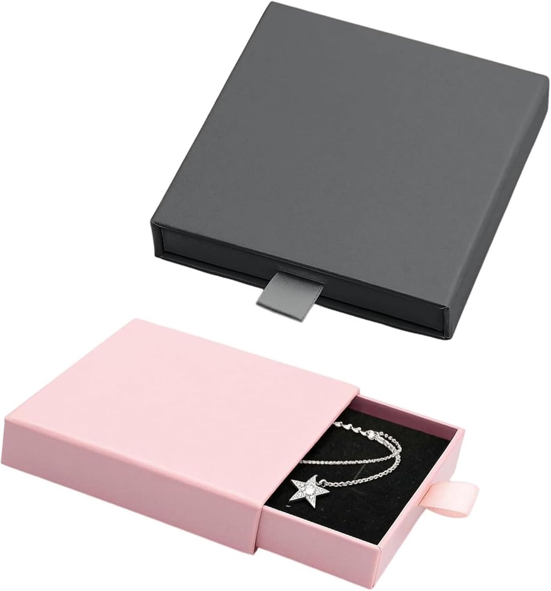 Elegante sieraden cadeaubox in klein formaat, 9 x 9 x 1.8 cm, roze en zwart, perfect voor ringen, oorbellen en kettingen