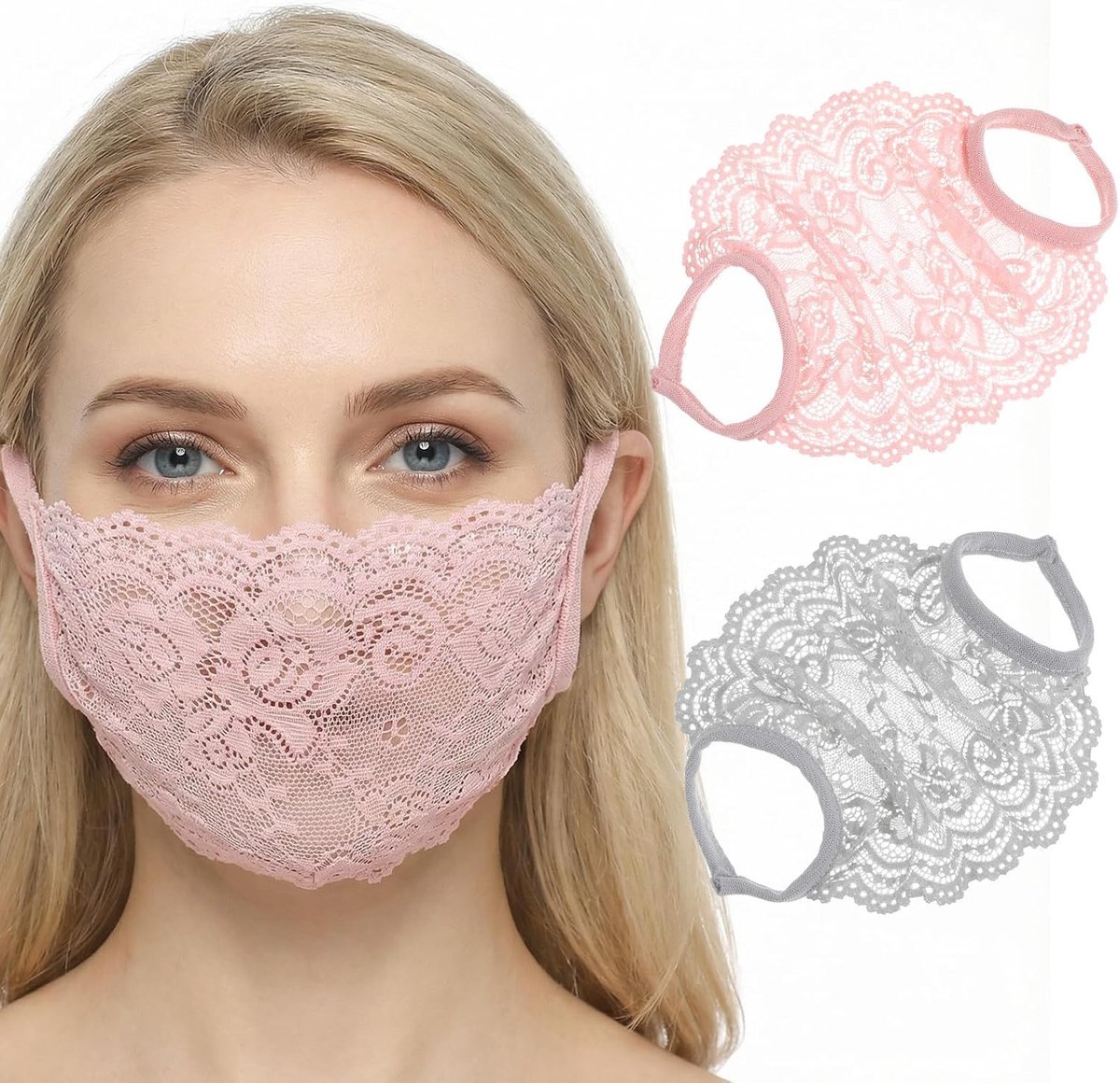2 Stuks Luchtige Kant Mondmaskers, Ademend Mesh Halve Gezichtsbedekking en Bescherming voor Vrouwen in Roze en Grijs