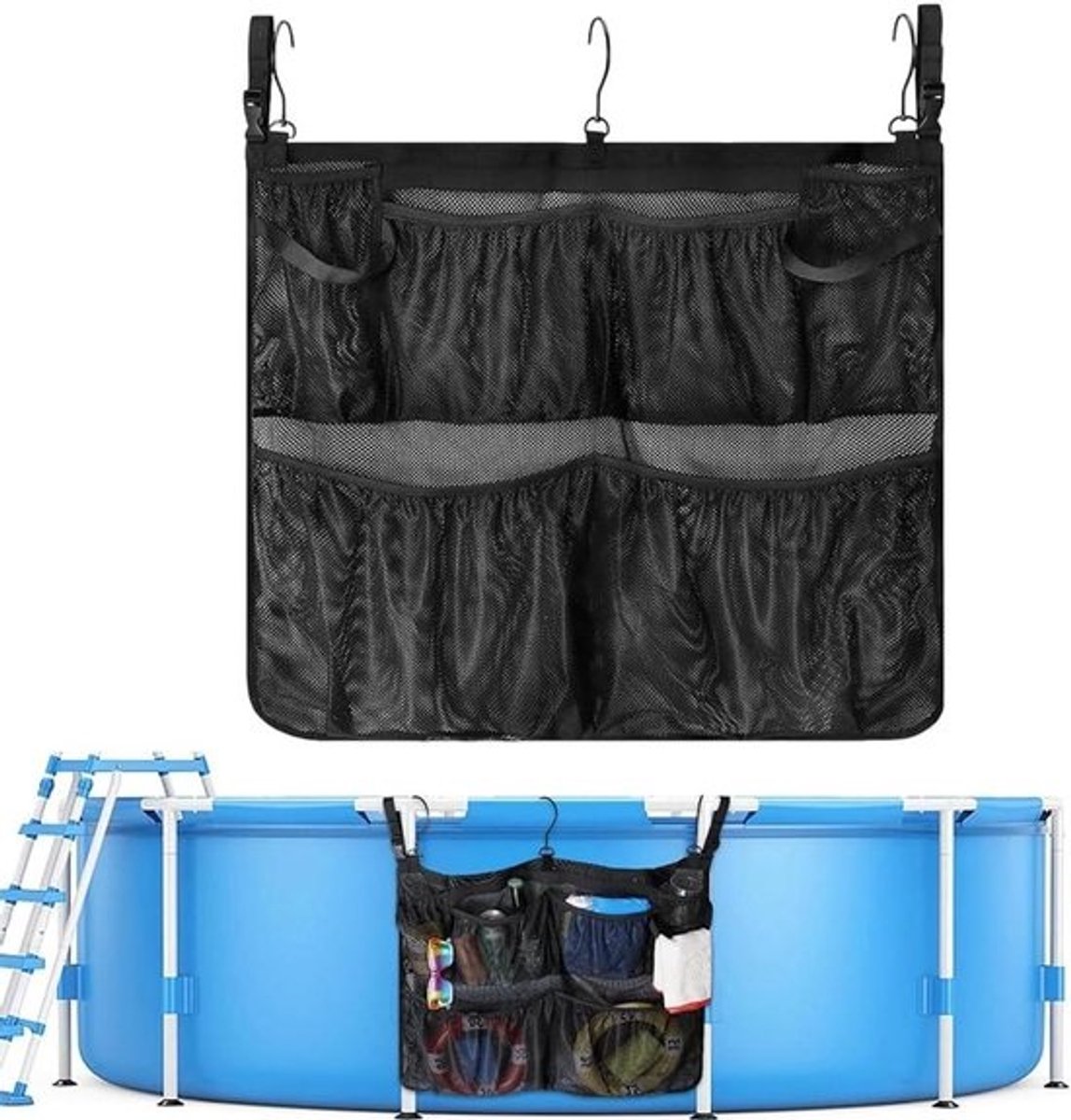 Opbergmand Zwembad - Mand met Haken - Zwembad Organiseren - Afneembaar Net - 61 x 51 cm - Meerkleurig