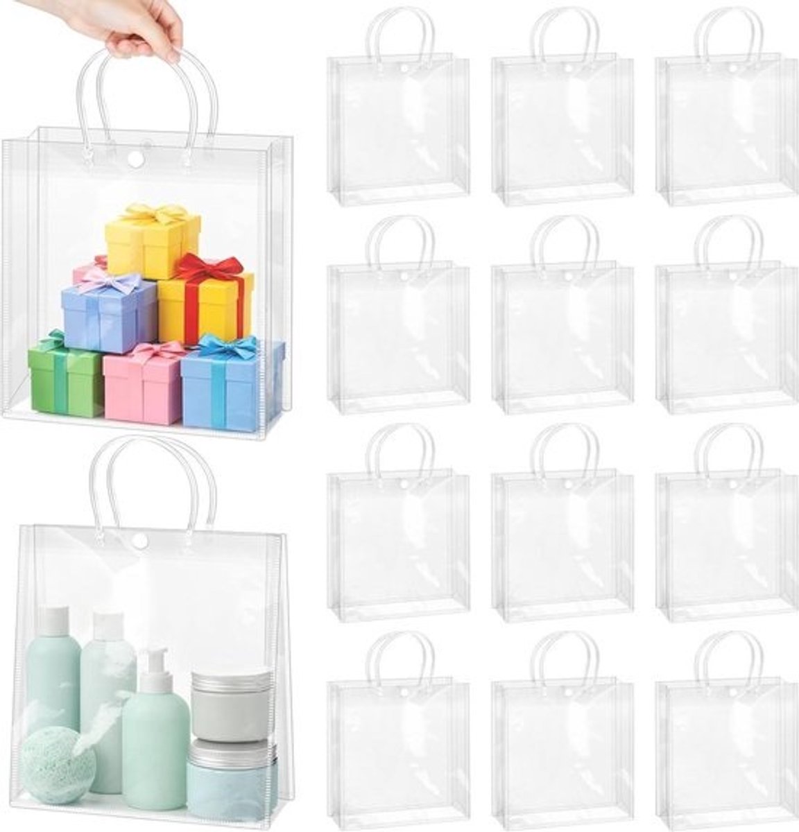 Plastic Geschenkzakjes - Doorzichtige Tassen - Feestelijke Cadeaupresentatie - Met Handvat en Knop - 28x28x10 cm - Transparant