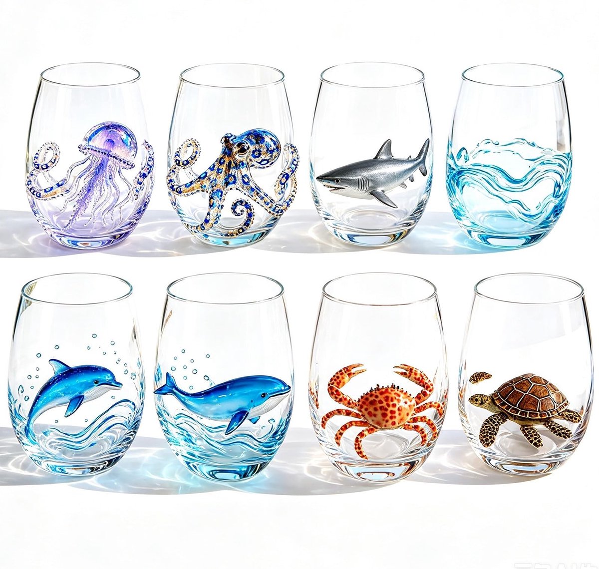 Set van 8 handgemaakte drinkbekers - Oceaanmotief 350 ml