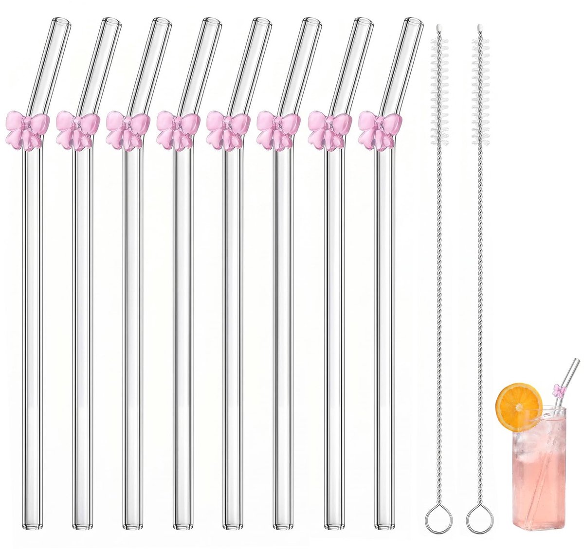 Set van 8 Glazen Rietjes - Herbruikbaar met Vlinderpatroon