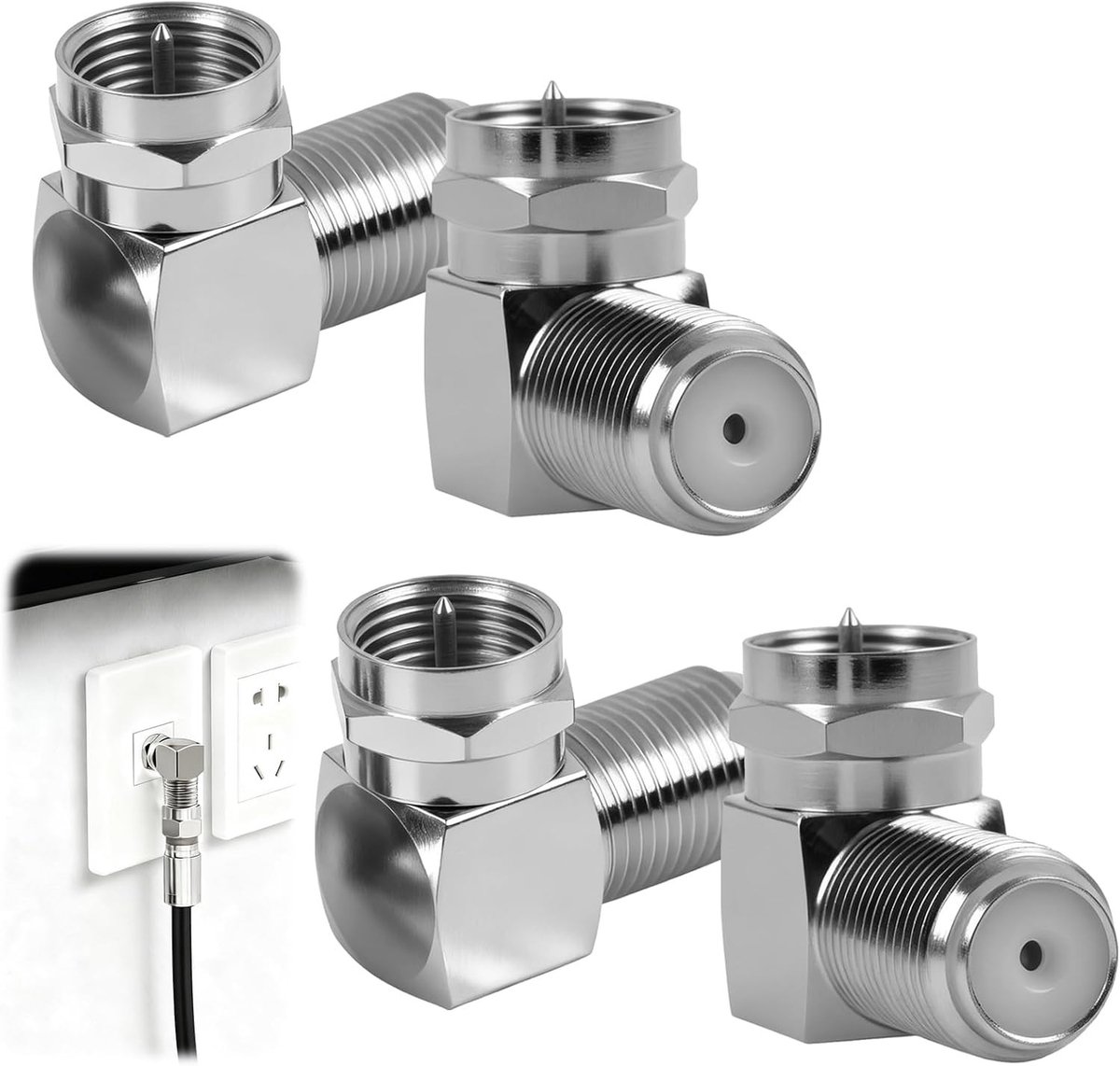 Set van 4 F Plug Hoekadapter voor Satellietontvangers, 90 Graden Aansluiting voor TV en Antenne