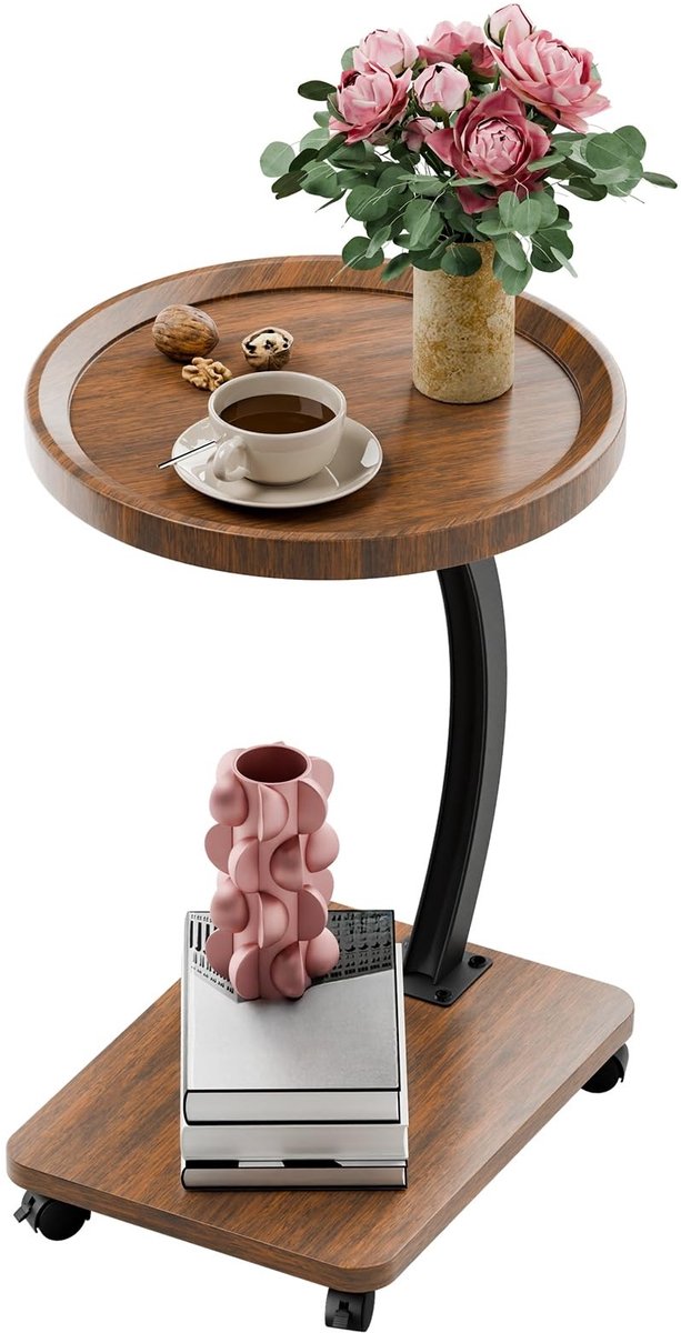 C-vormige Bijzettafel - Mobiele Koffietafel met 2 Laagjes en 360° Wielen