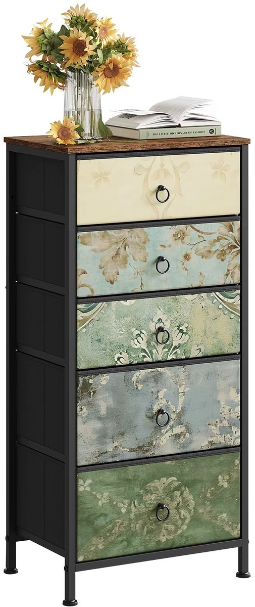 CreateEcom kast - ladekast - opbergkast - Stoffen ladekast met 5 laden - vintage smalle ladekast voor gang, keuken, thuis - 45,5x30x95,5 cm