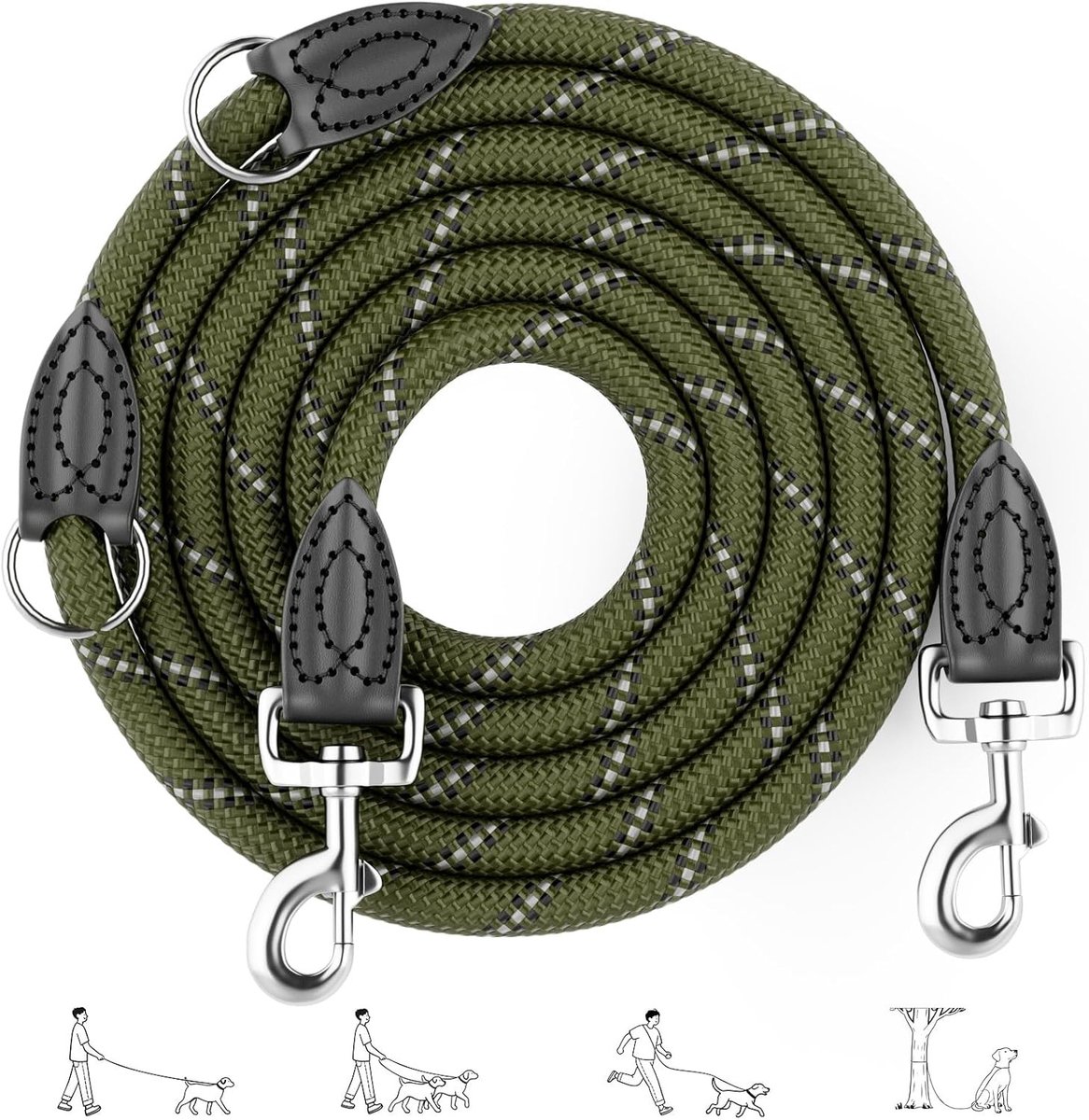 Verstelbare hondenriem van 2 meter voor grote en middelgrote honden, robuust en duurzaam, met 6 lengtes en comfortabele grip, donkergroen