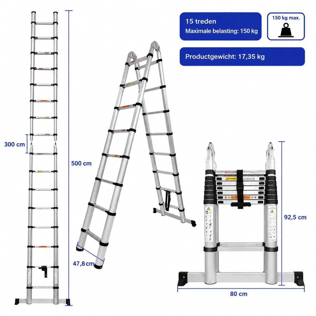SanaVida - Telescopische Ladder - Uitschuifbare Trap - Aluminium Ladder - 5M - A Frame - Multifunctioneel - Antislip - Max. 150kg