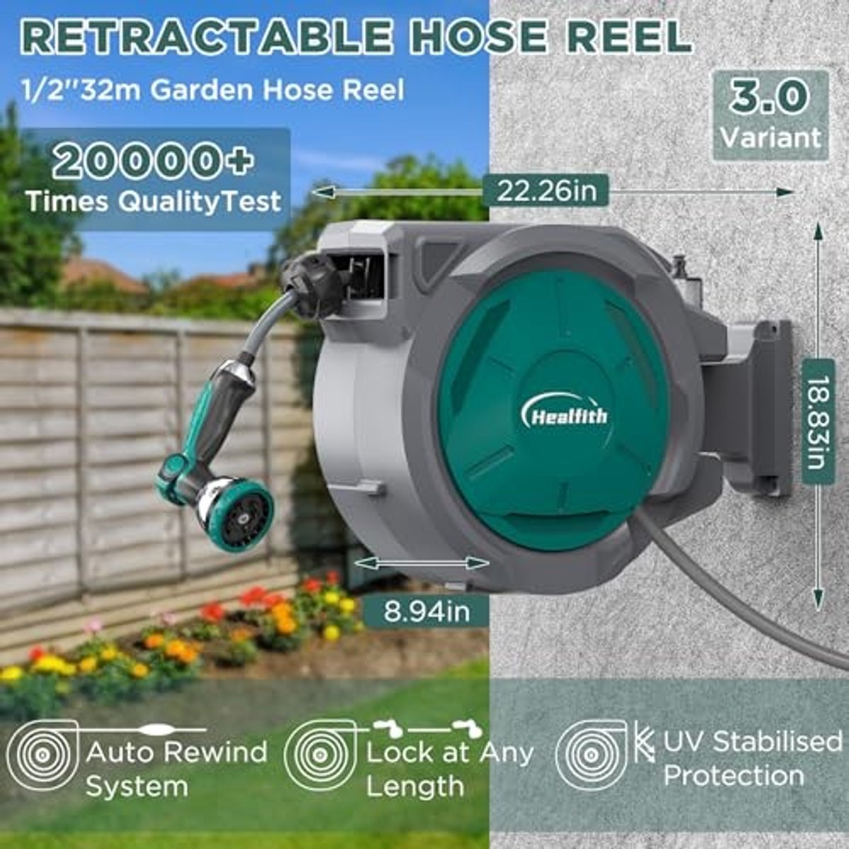 Wandgemonteerde Tuinslanghaspel - 32+2m Retractable Slang met Automatische Terugloop