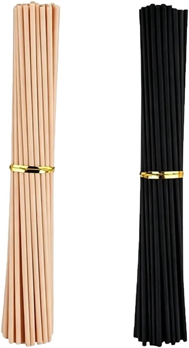 Set van 100 Geursticks van Natuurlijk Riet, 3 x 200 mm, Zwart en Houtkleur, Premium Diffuser Sticks voor Langdurige Aromatherapie en Verfrissing van de Luchtkwaliteit in Huis