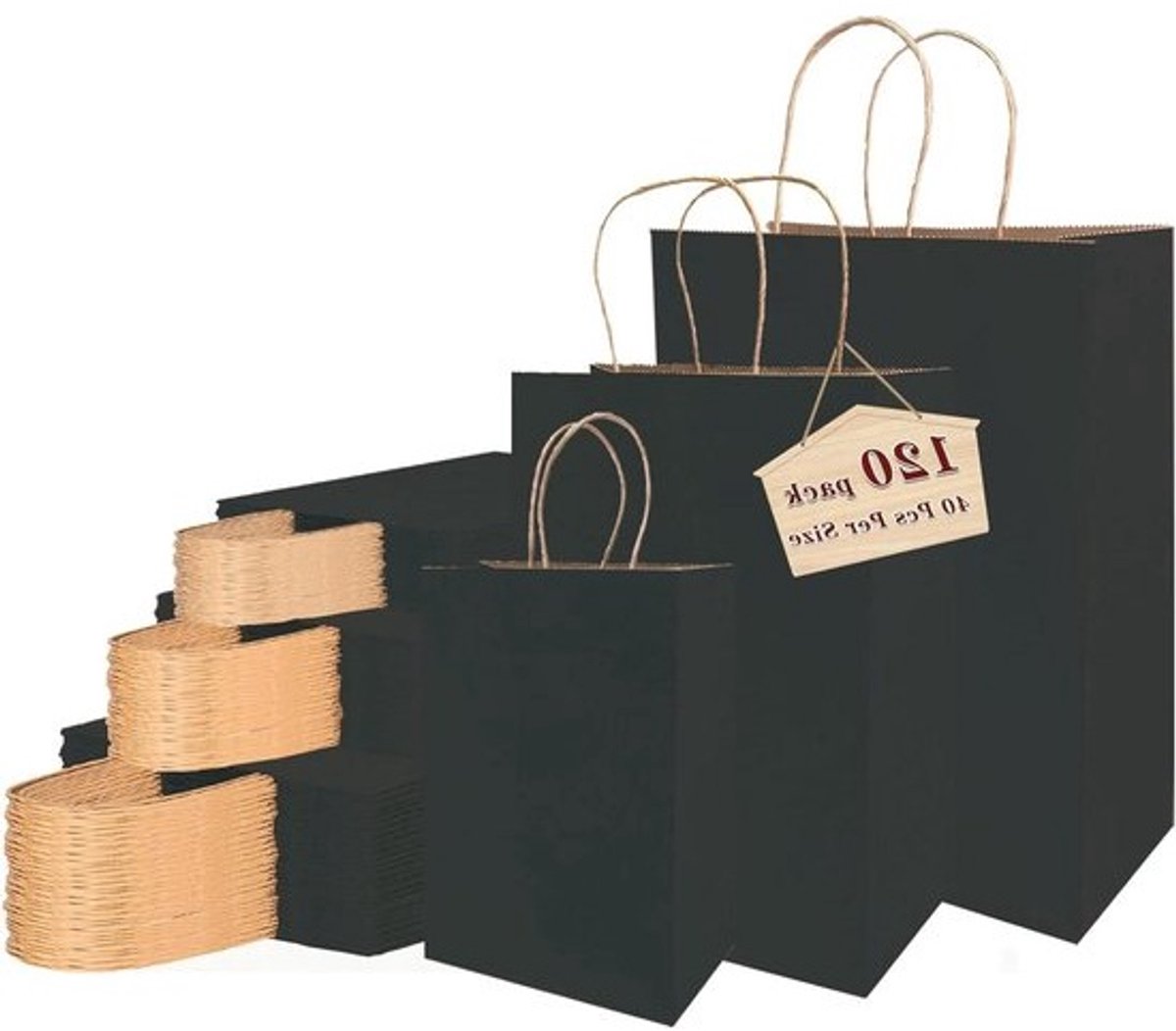 Geschenkzakjes met handgrepen - Papieren zakjes Kraftzakken - Cadeaus verpakken - 120 stuks in 3 maten - Verschillende maten - Zwart