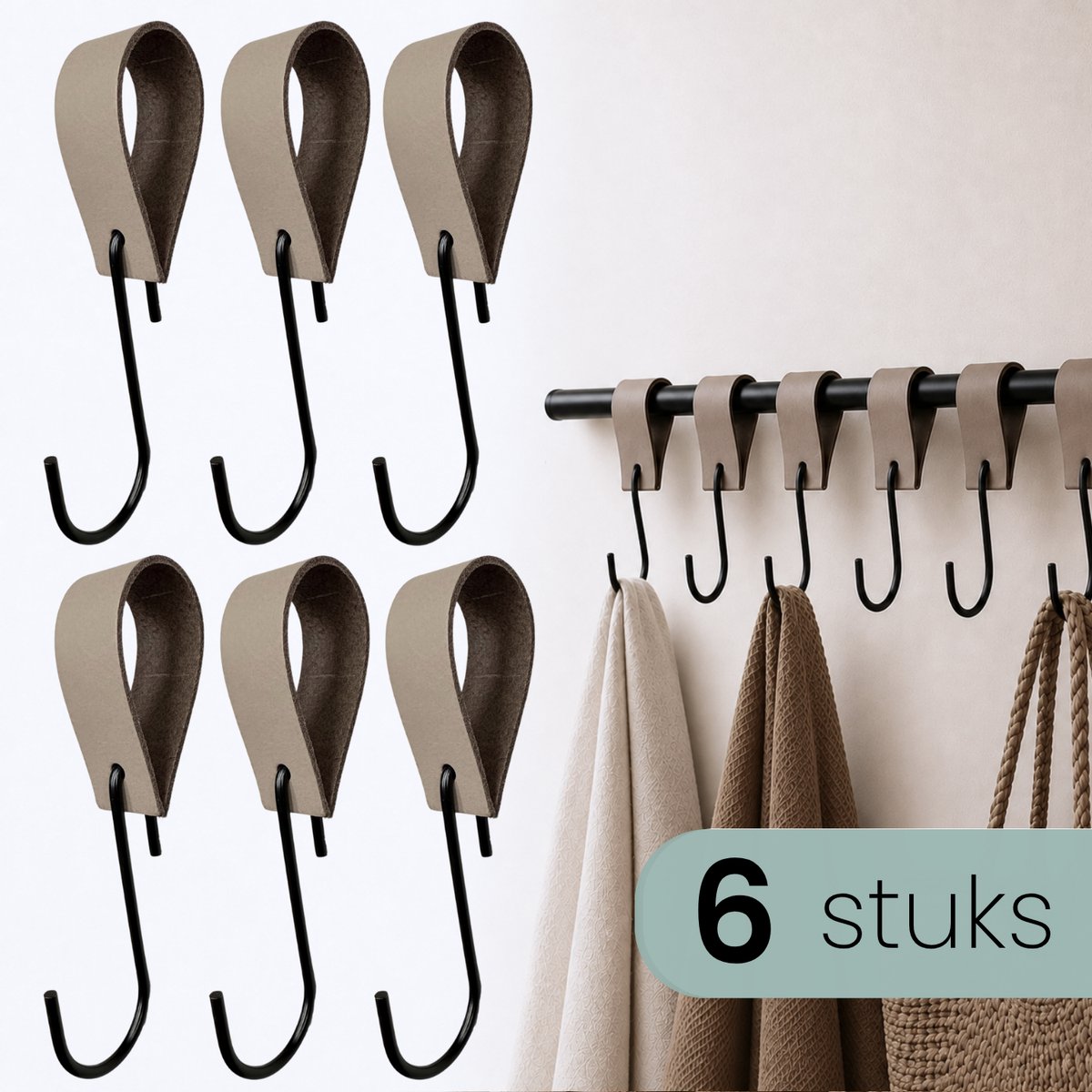 HOYA living - Leren S-haak hangers - 6 stuks - Taupe